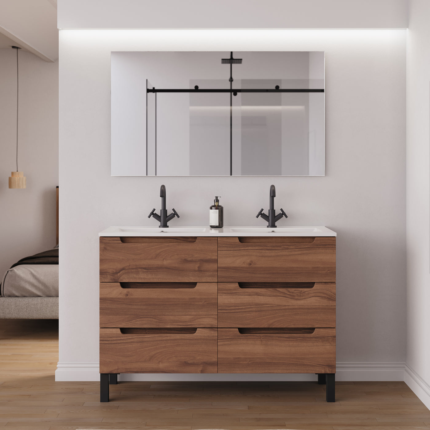Ambiance Meuble salle de bain RIZA 120cm 6 tiroirs noyer double vasque