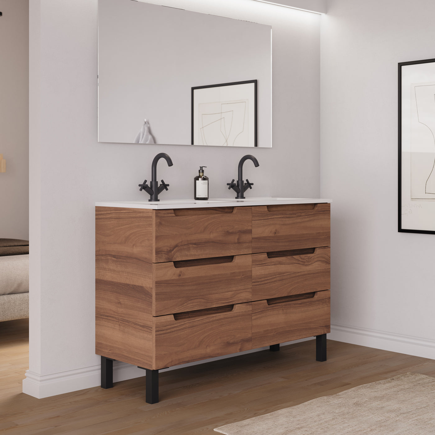 Ambiance Meuble salle de bain RIZA 120cm 6 tiroirs noyer double vasque vue côté