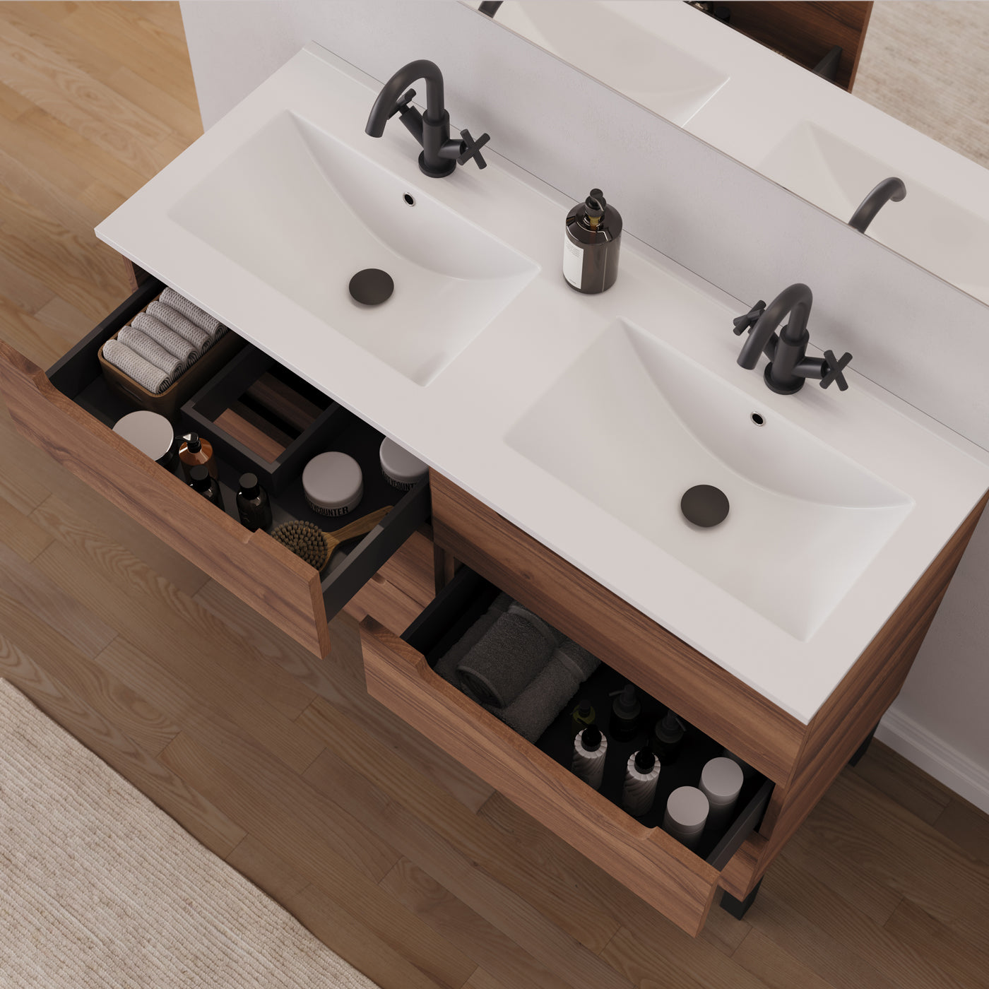 Meuble salle de bain RIZA 120cm 6 tiroirs noyer double vasque vue dessus