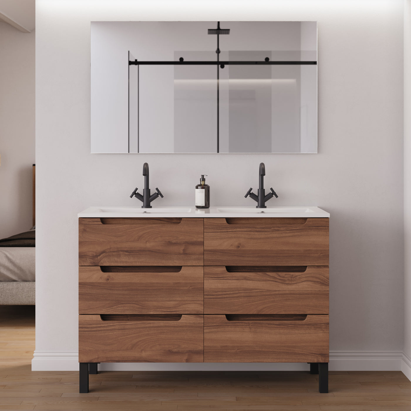 Meuble salle de bain RIZA 120cm 6 tiroirs noyer double vasque miroir