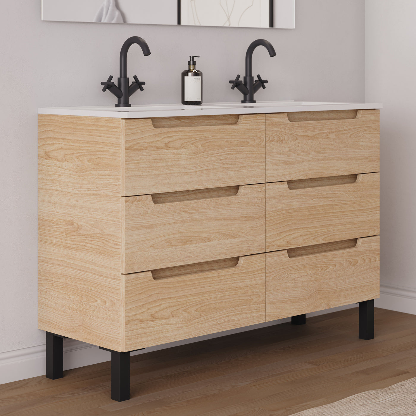 Meuble salle de bain RIZA 120cm 6 tiroirs roble era double vasque vue côté