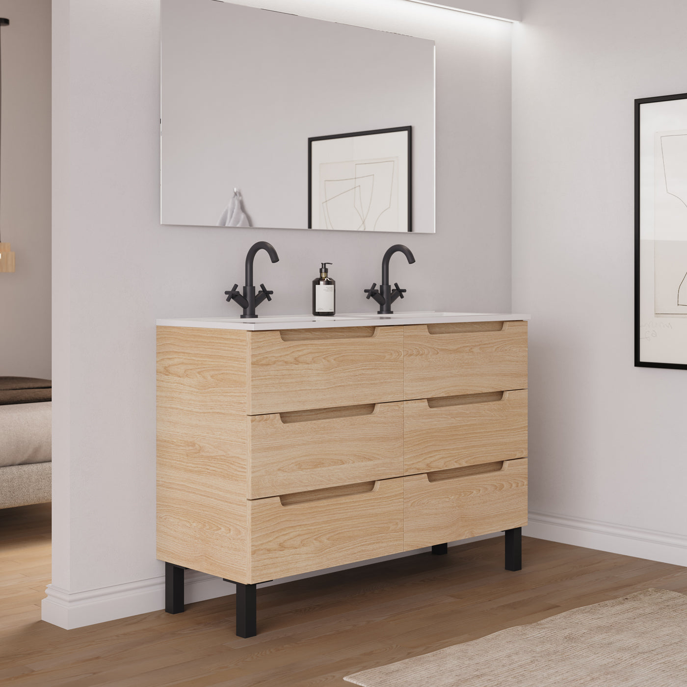 Ambiance Meuble salle de bain RIZA 120cm 6 tiroirs roble era double vasque vue côté