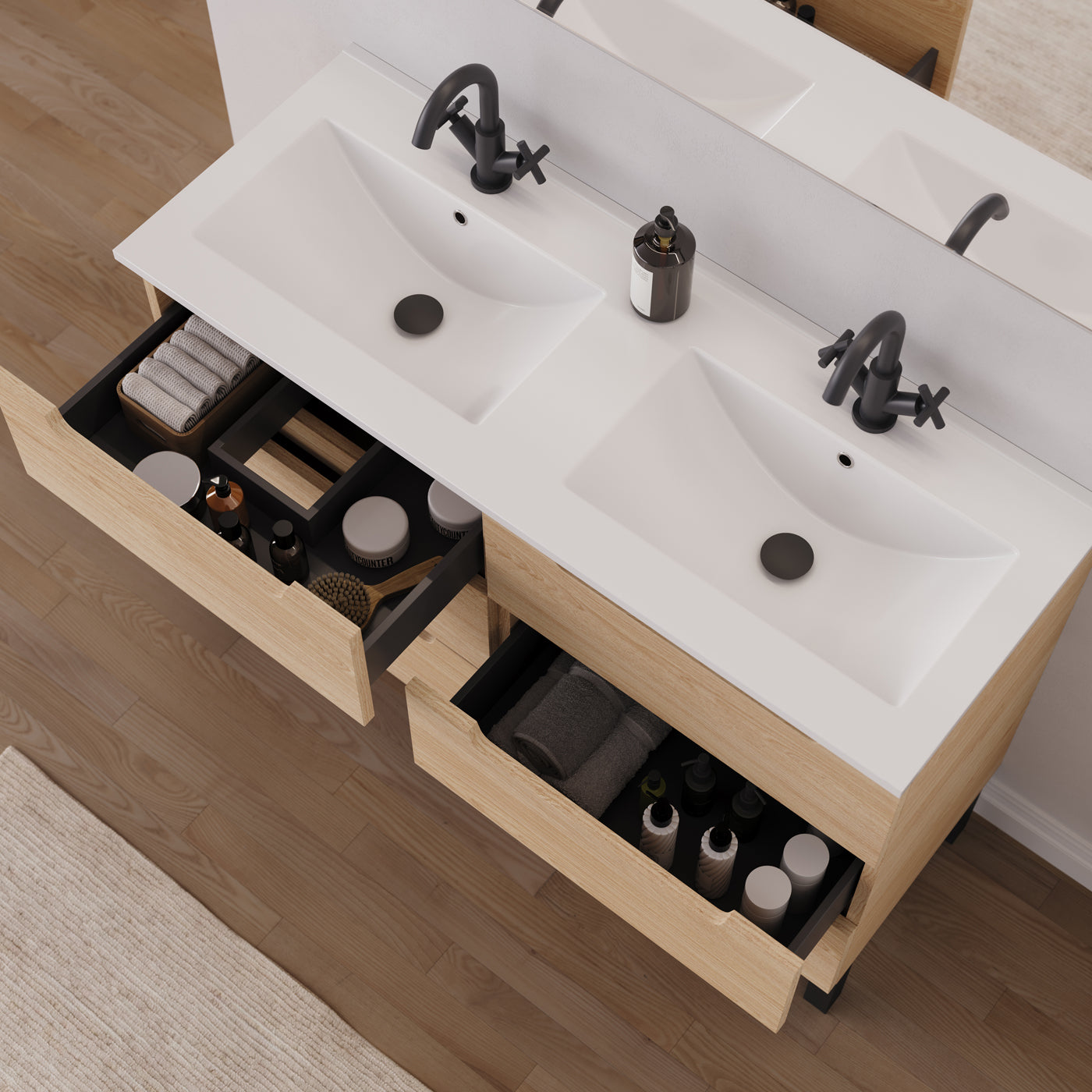 Meuble salle de bain RIZA 120cm 6 tiroirs roble era double vasque vue dessus