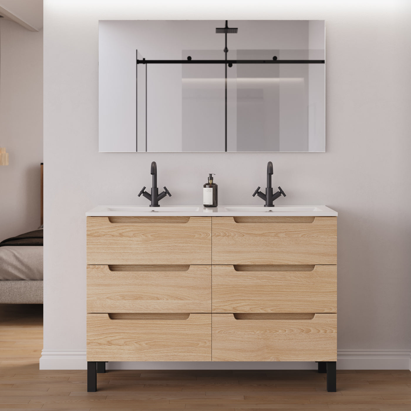Meuble salle de bain RIZA 120cm 6 tiroirs roble era double vasque miroir