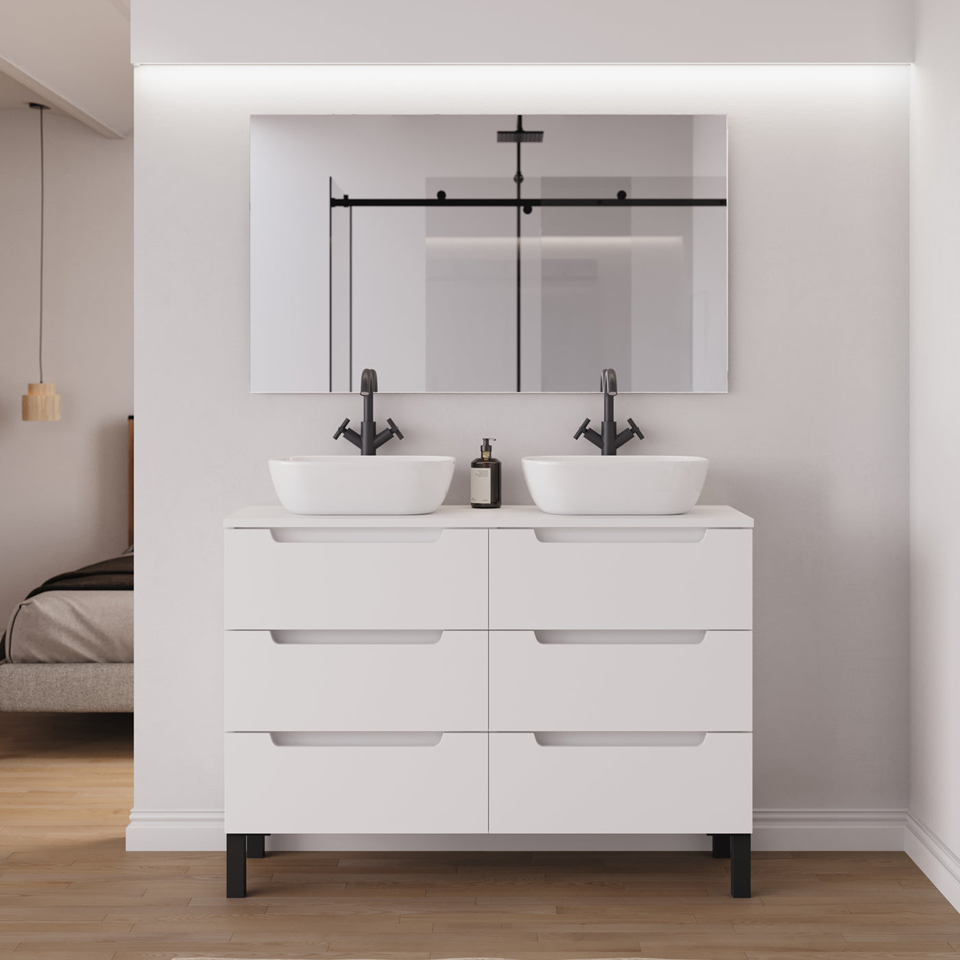 Ambiance Meuble salle de bain RIZA 120cm 6 tiroirs blanc double vasque zeus