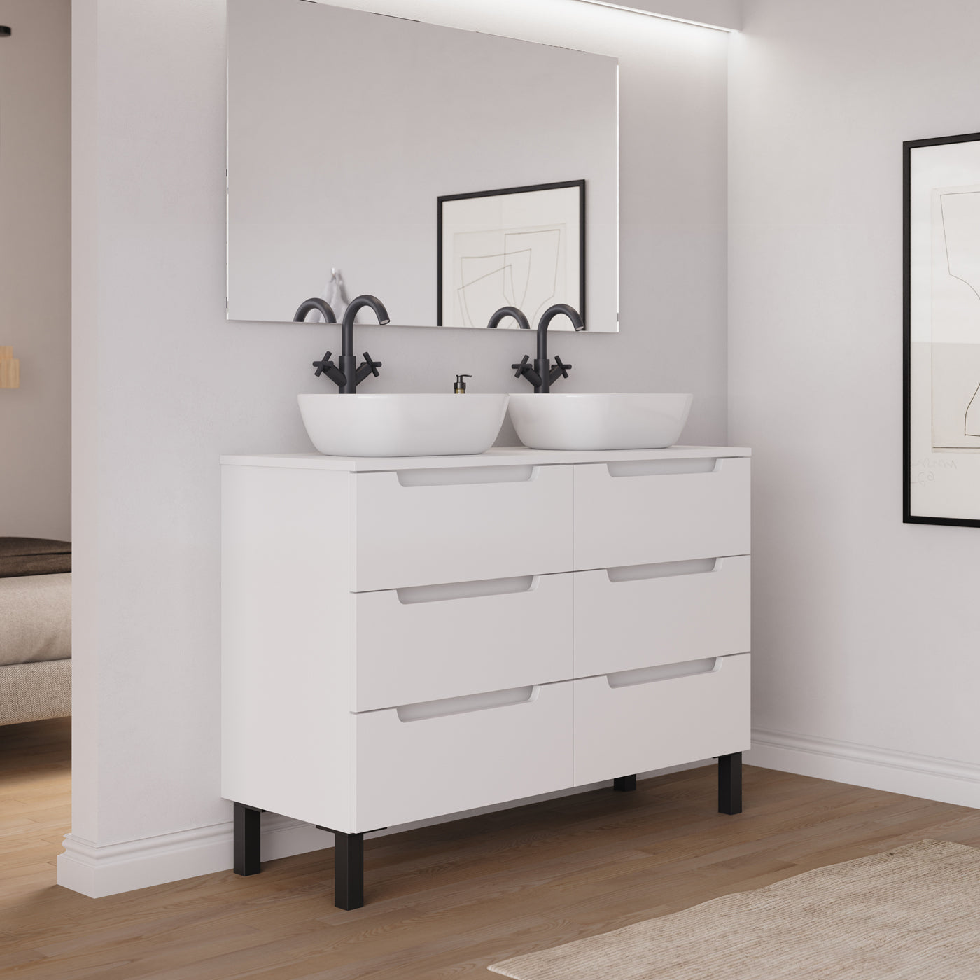 Ambiance Meuble salle de bain RIZA 120cm 6 tiroirs blanc double vasque zeus vue côté