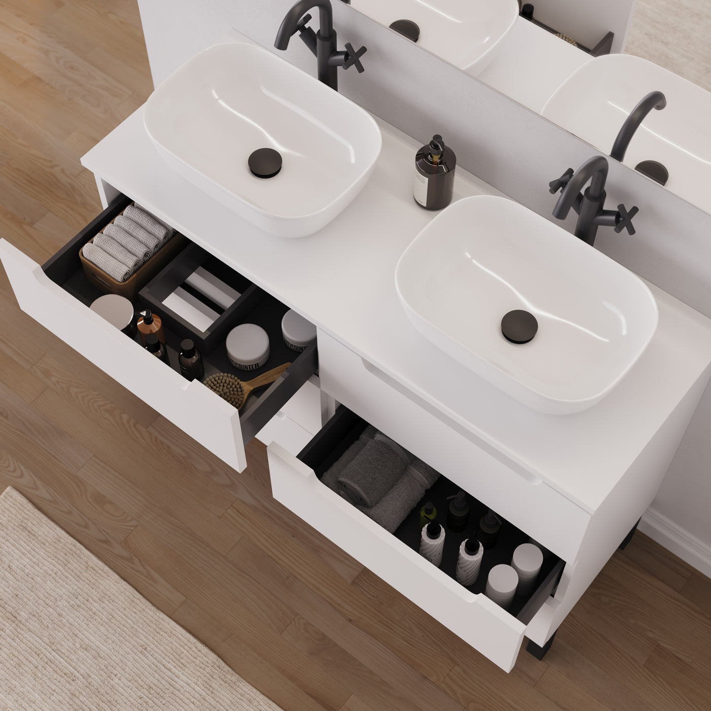 Meuble salle de bain RIZA 120cm 6 tiroirs blanc double vasque zeusvue dessus