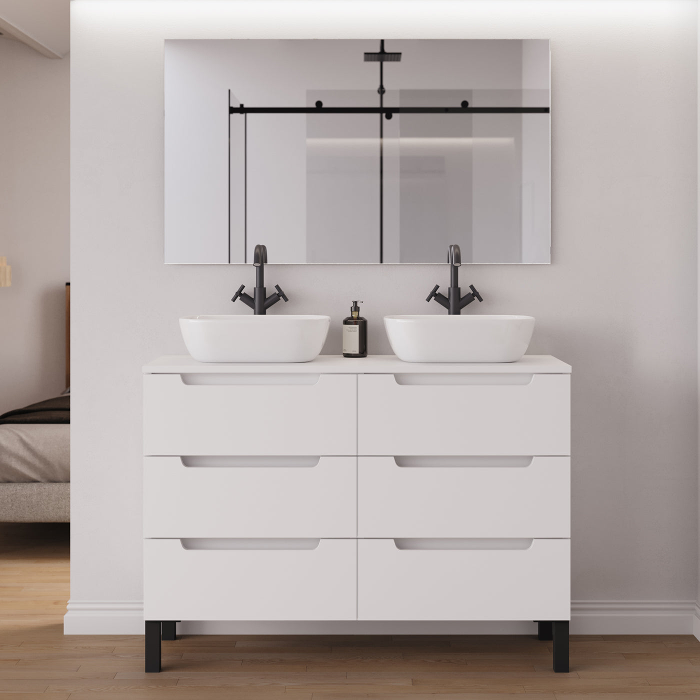 Meuble salle de bain RIZA 120cm 6 tiroirs blanc double vasque zeus miroir