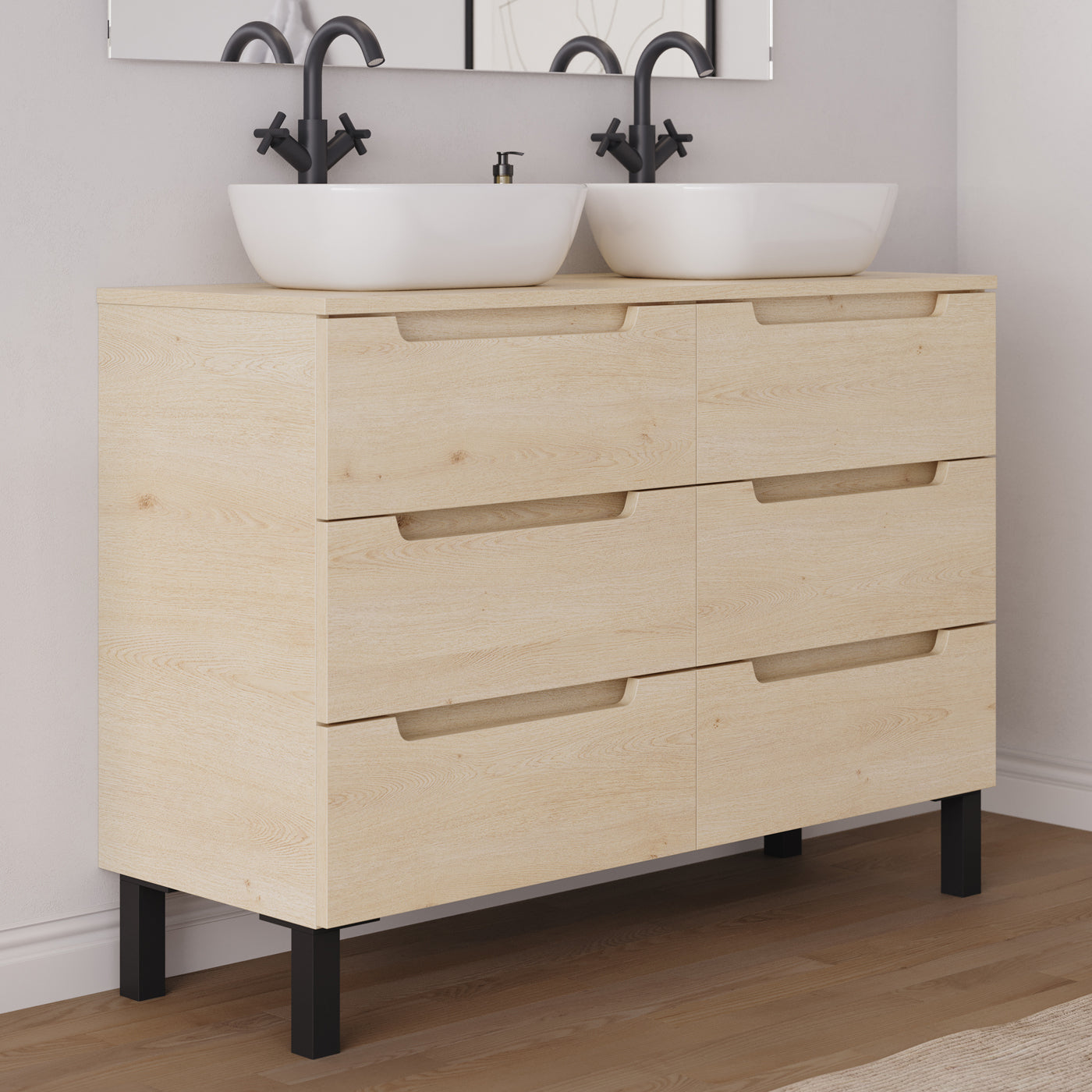 Meuble salle de bain RIZA 120cm 6 tiroirs calima double vasque zeus vue côté