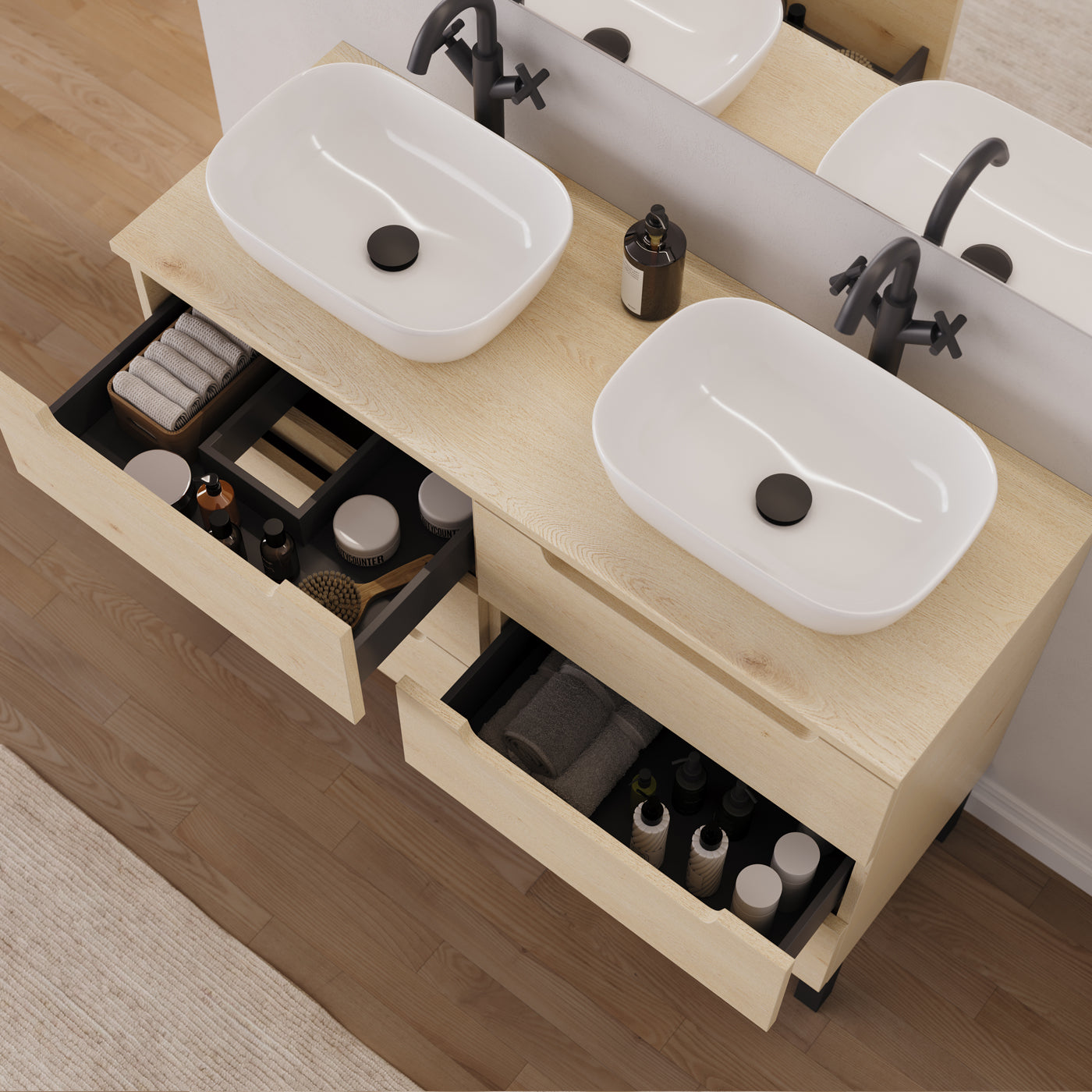 Meuble salle de bain RIZA 120cm 6 tiroirs calima double vasque zeus vue dessus