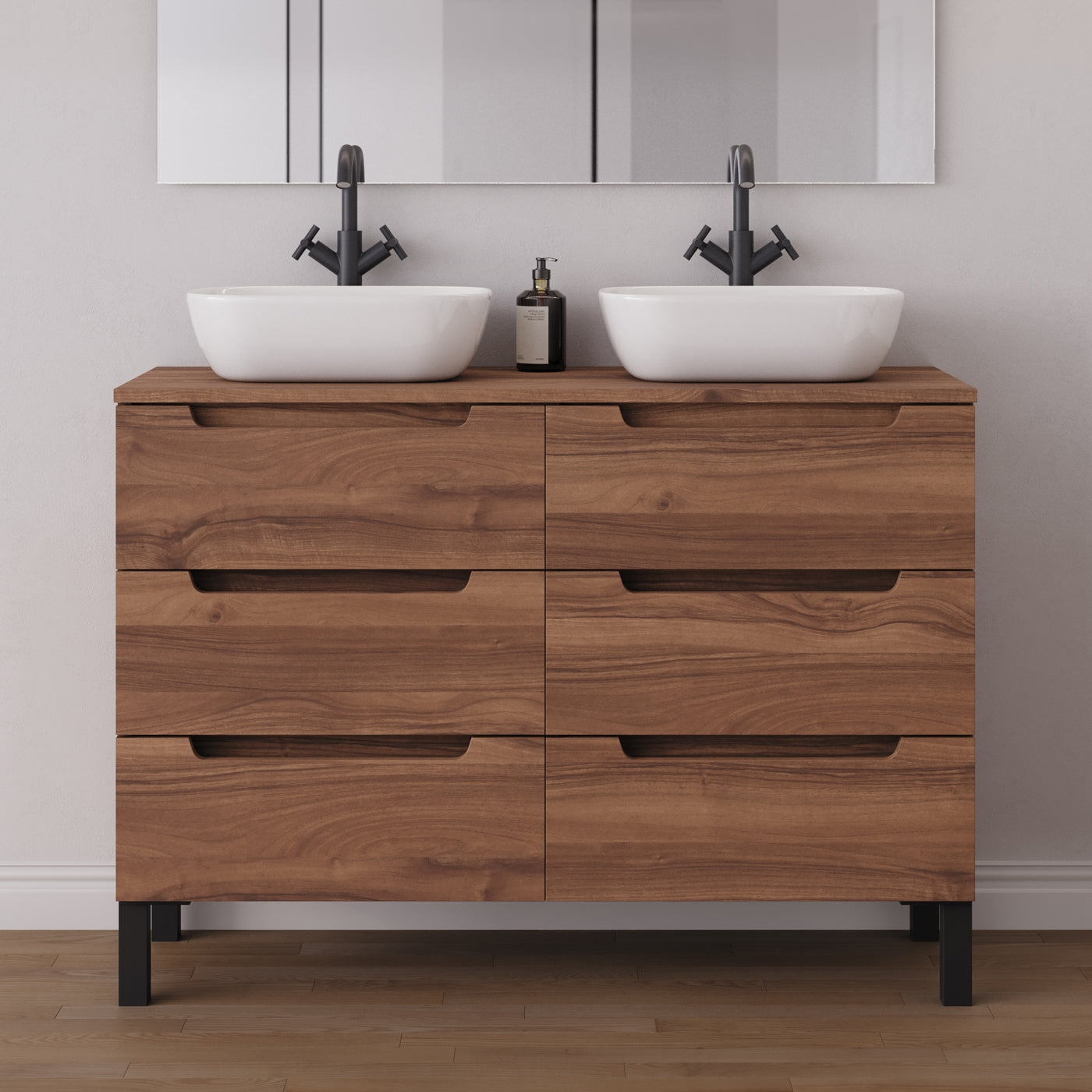 Meuble salle de bain RIZA 120cm 6 tiroirs noyer double vasque zeus