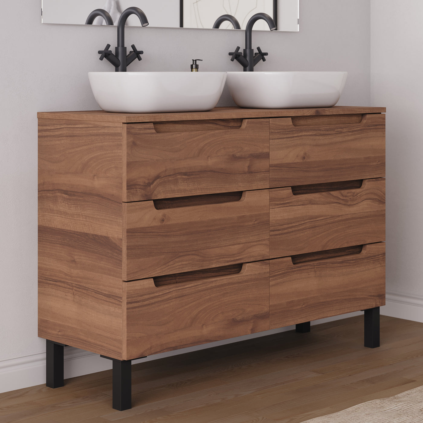Meuble salle de bain RIZA 120cm 6 tiroirs noyer double vasque zeus vue côté