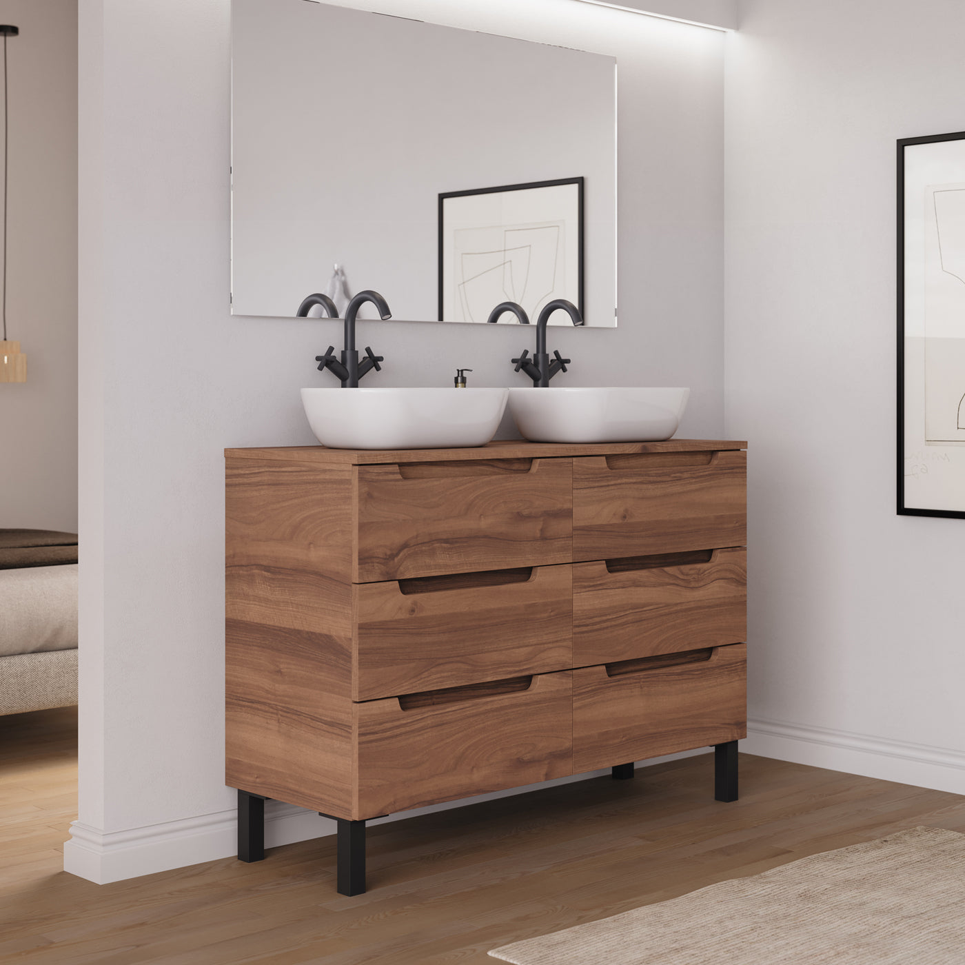 Ambiance Meuble salle de bain RIZA 120cm 6 tiroirs noyer double vasque zeus vue côté