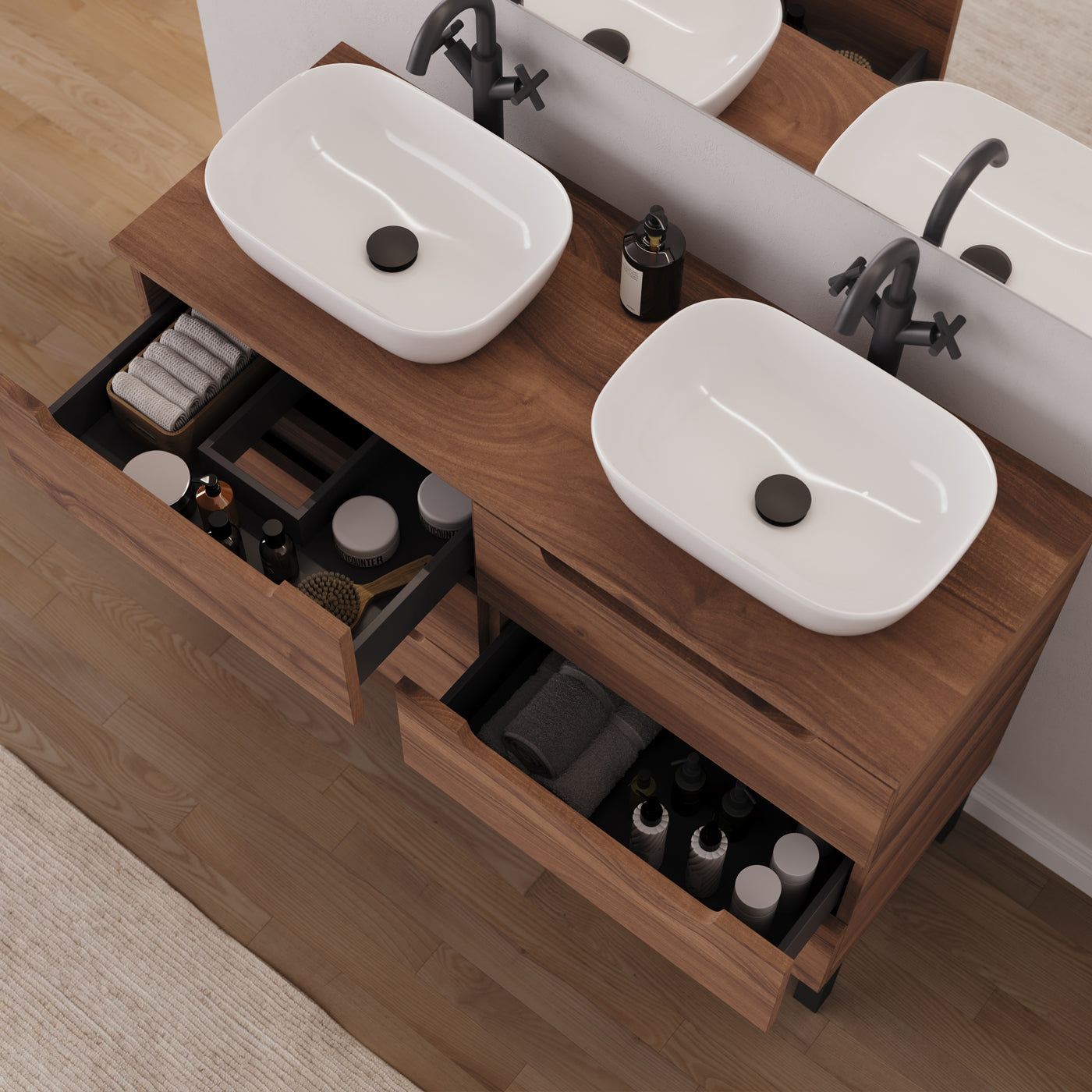Meuble salle de bain RIZA 120cm 6 tiroirs noyer double vasque zeus vue dessus