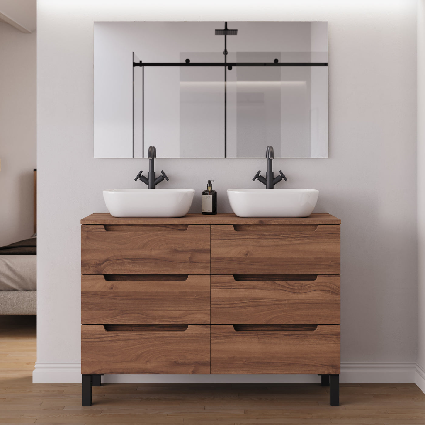 Meuble salle de bain RIZA 120cm 6 tiroirs noyer double vasque zeus miroir