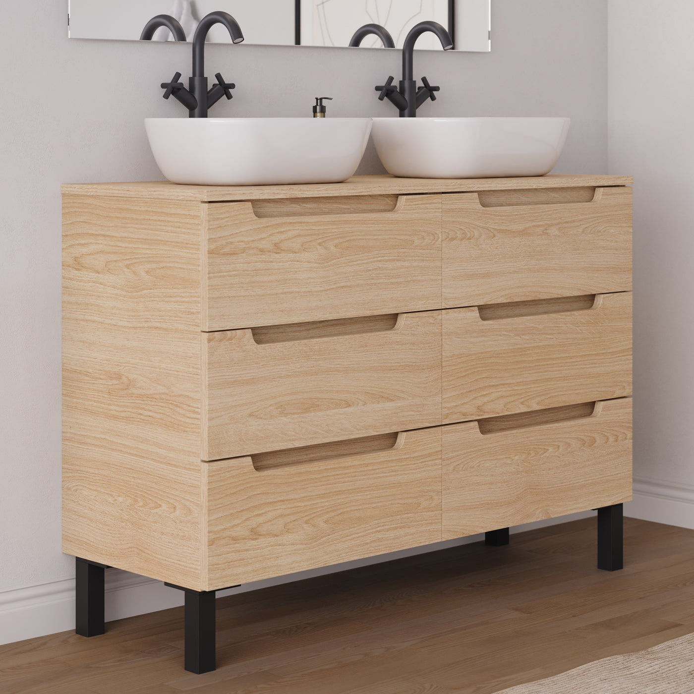 Meuble salle de bain RIZA 120cm 6 tiroirs roble era double vasque zeus vue côté