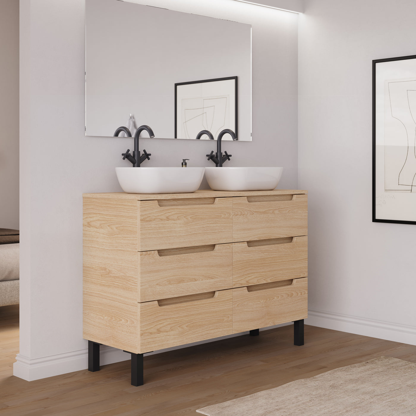 Ambiance Meuble salle de bain RIZA 120cm 6 tiroirs roble era double vasque zeus vue côté