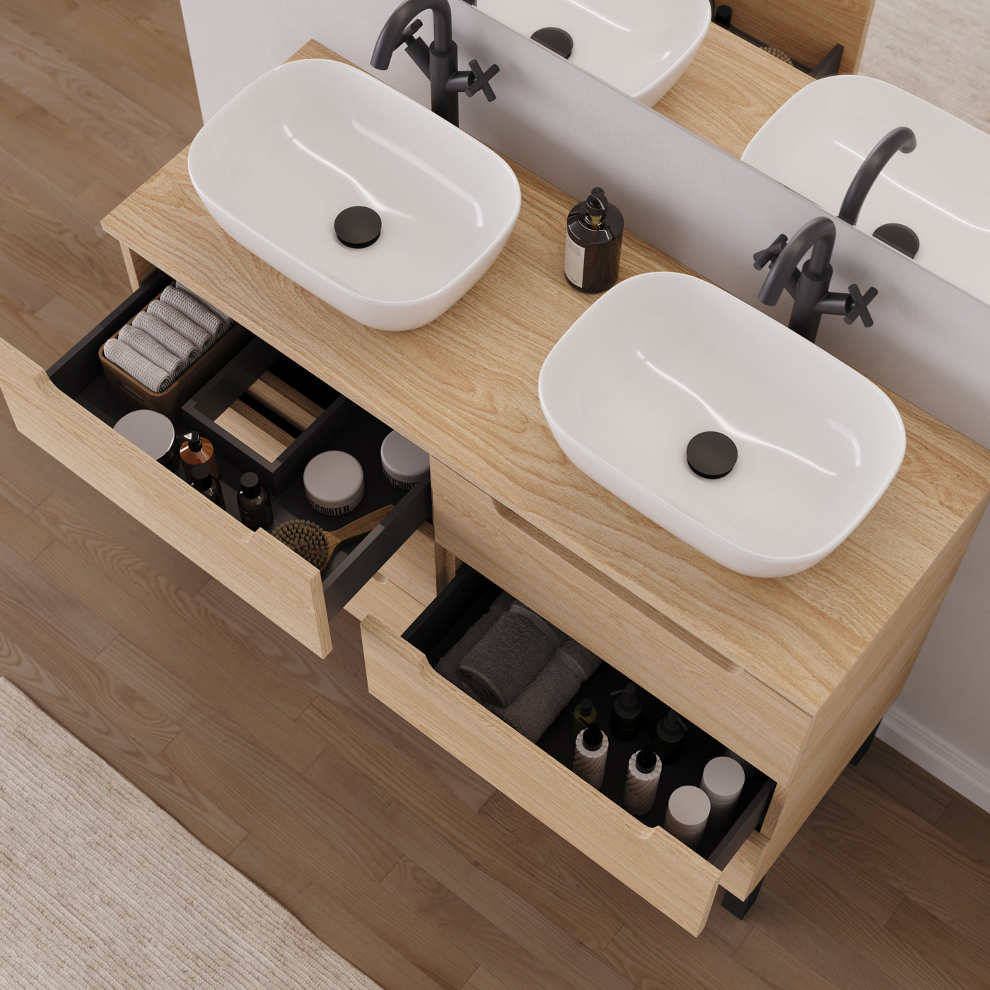 Meuble salle de bain RIZA 120cm 6 tiroirs roble era double vasque zeus vue dessus