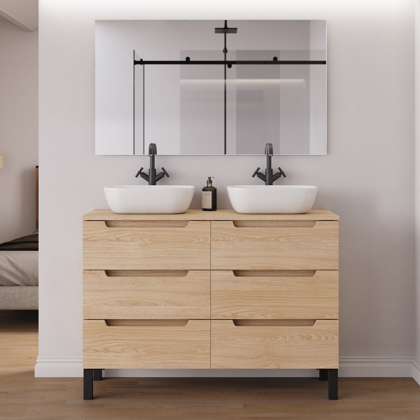 Meuble salle de bain RIZA 120cm 6 tiroirs roble era double vasque zeus miroir