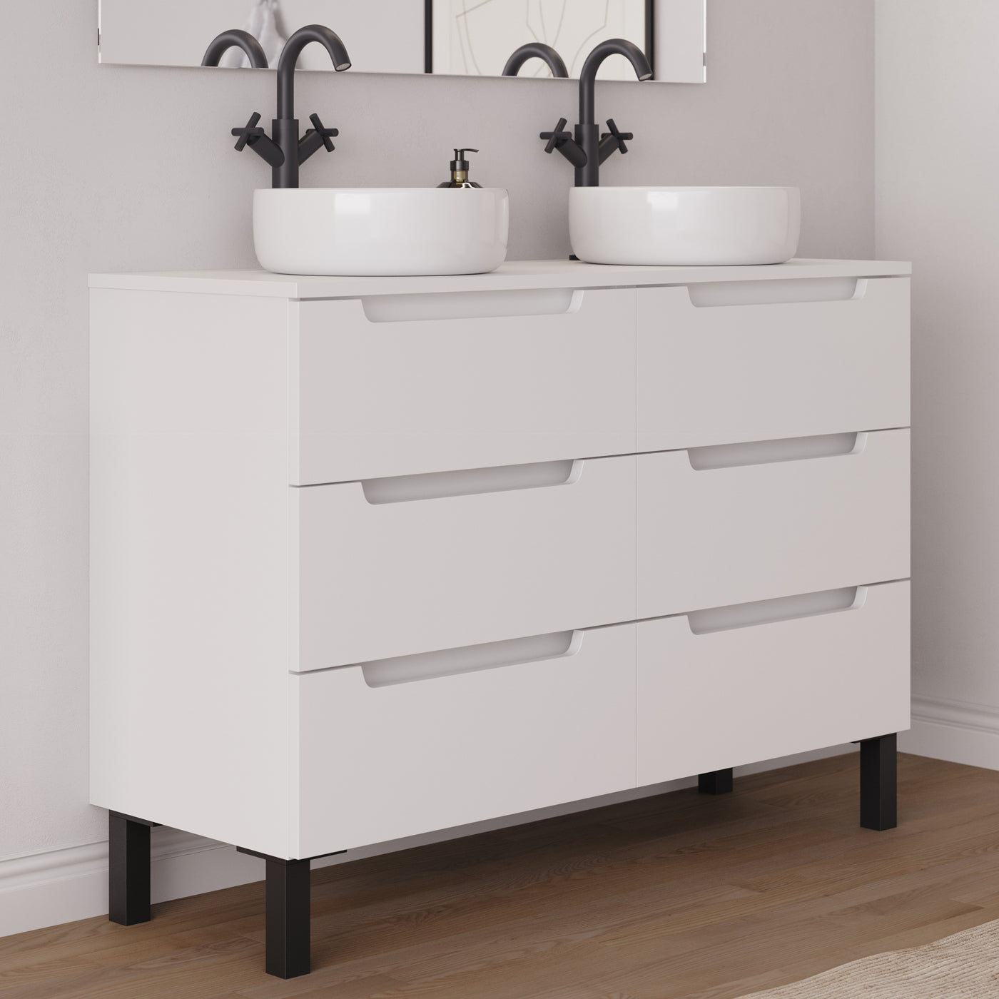 Meuble salle de bain RIZA 120cm 6 tiroirs blanc double vasque ares vue côté