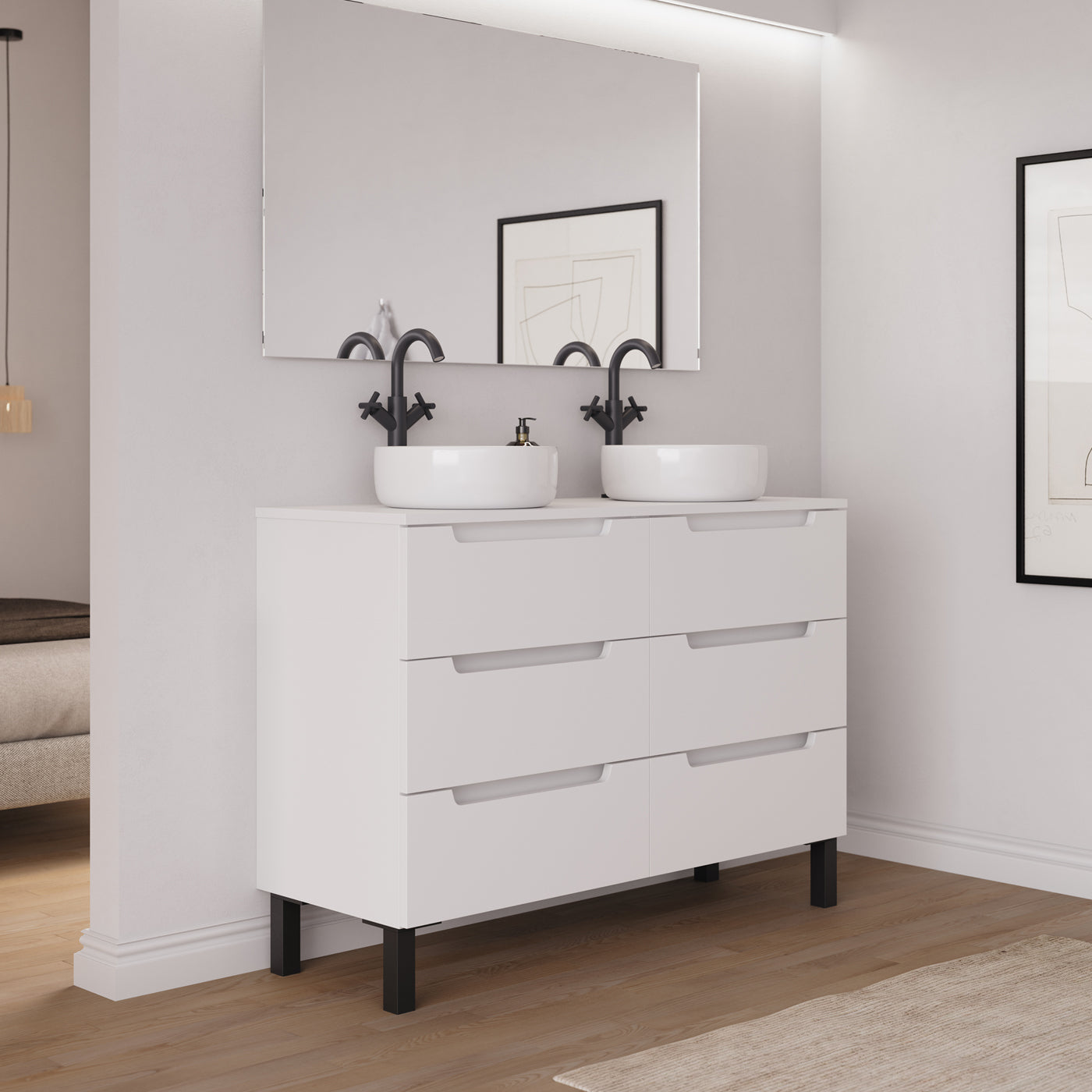 Ambiance Meuble salle de bain RIZA 120cm 6 tiroirs blanc double vasque ares vue côté