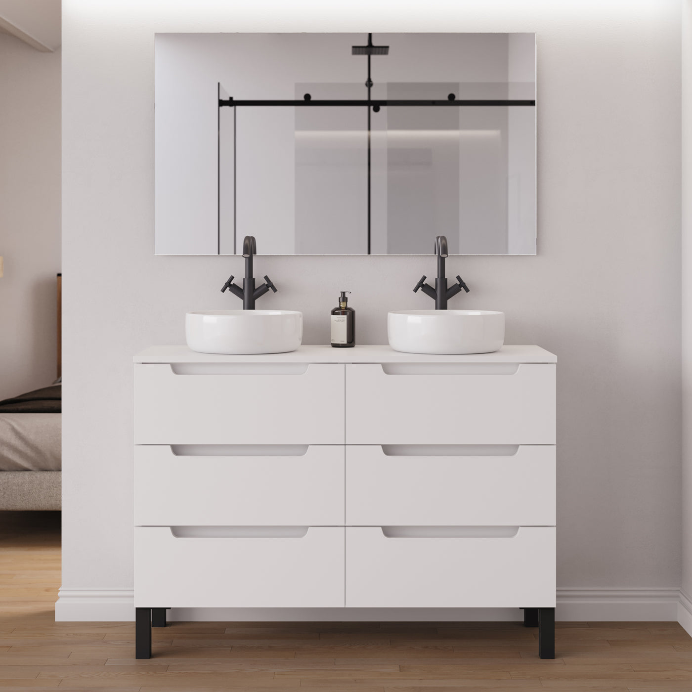 Meuble salle de bain RIZA 120cm 6 tiroirs blanc double vasque ares miroir