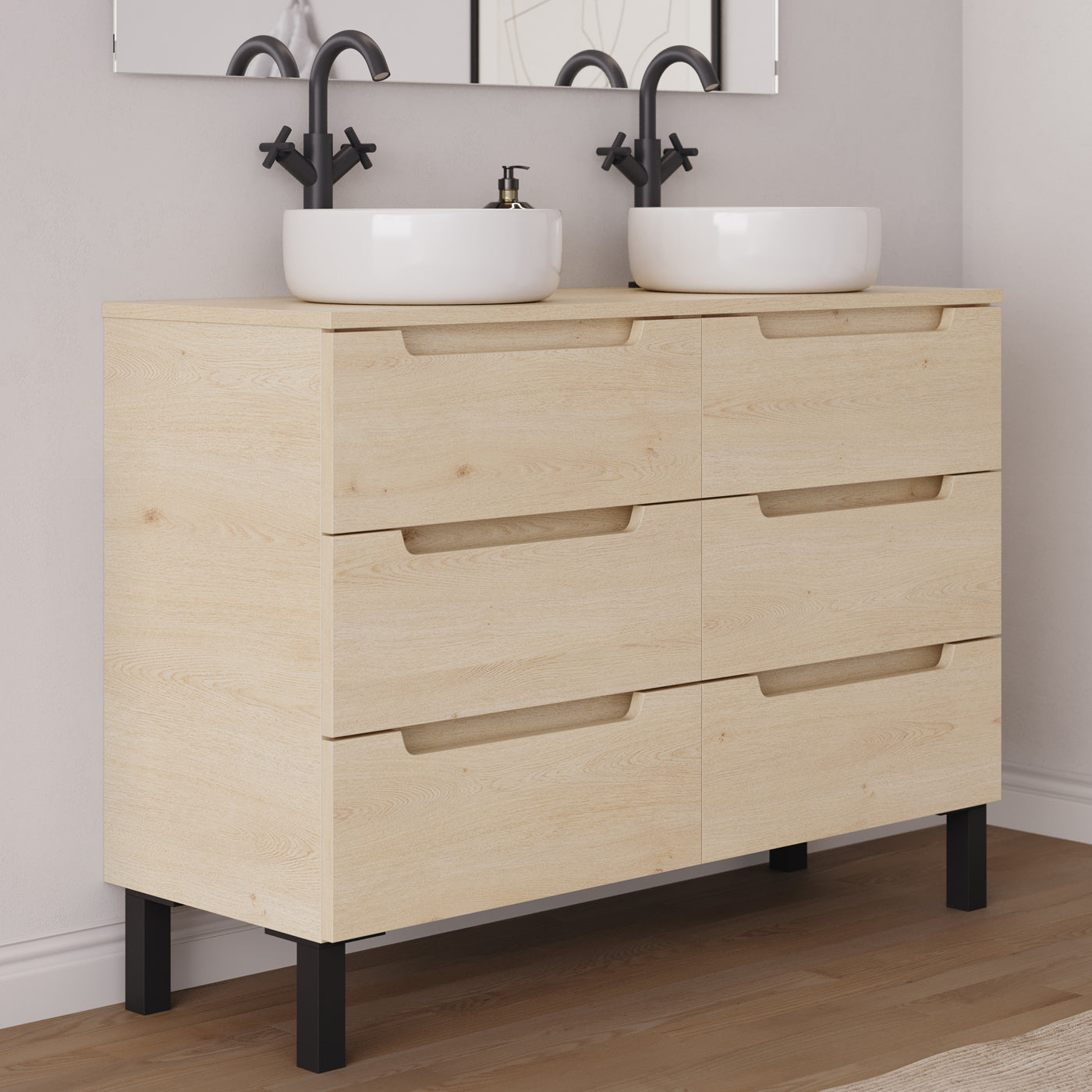 Meuble salle de bain RIZA 120cm 6 tiroirs calima double vasque ares vue côté