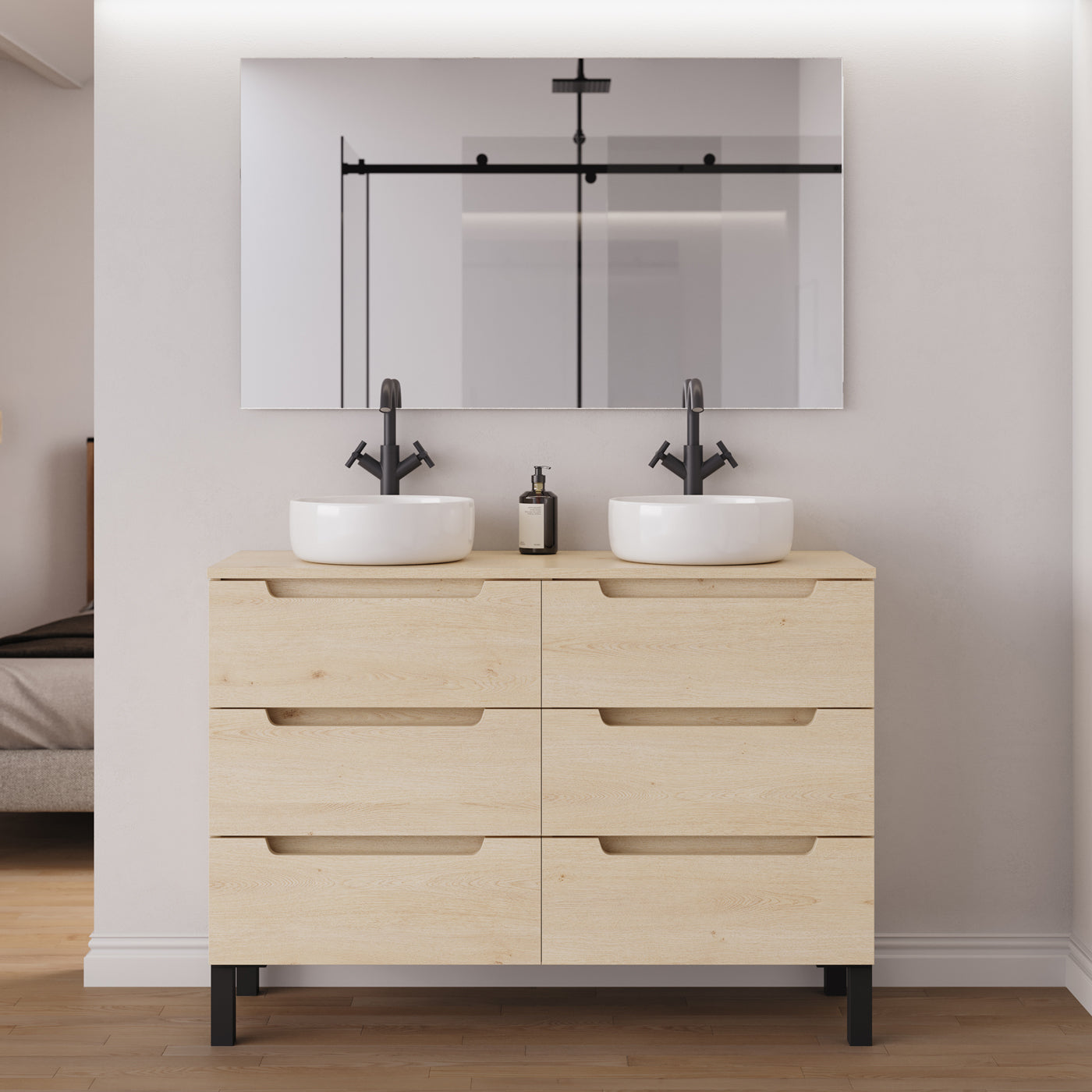 Meuble salle de bain RIZA 120cm 6 tiroirs calima double vasque ares miroir