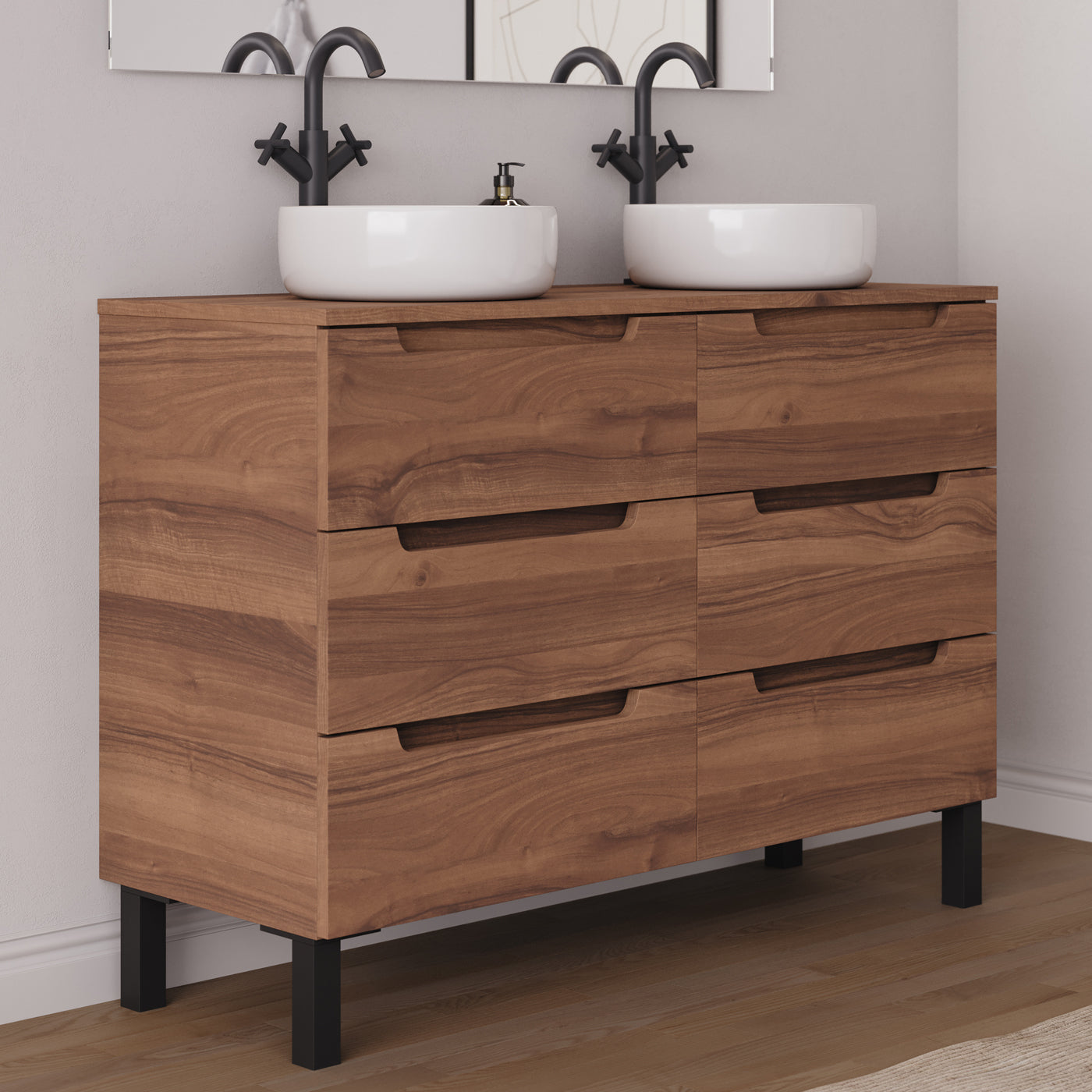 Meuble salle de bain RIZA 120cm 6 tiroirs noyer double vasque ares vue côté