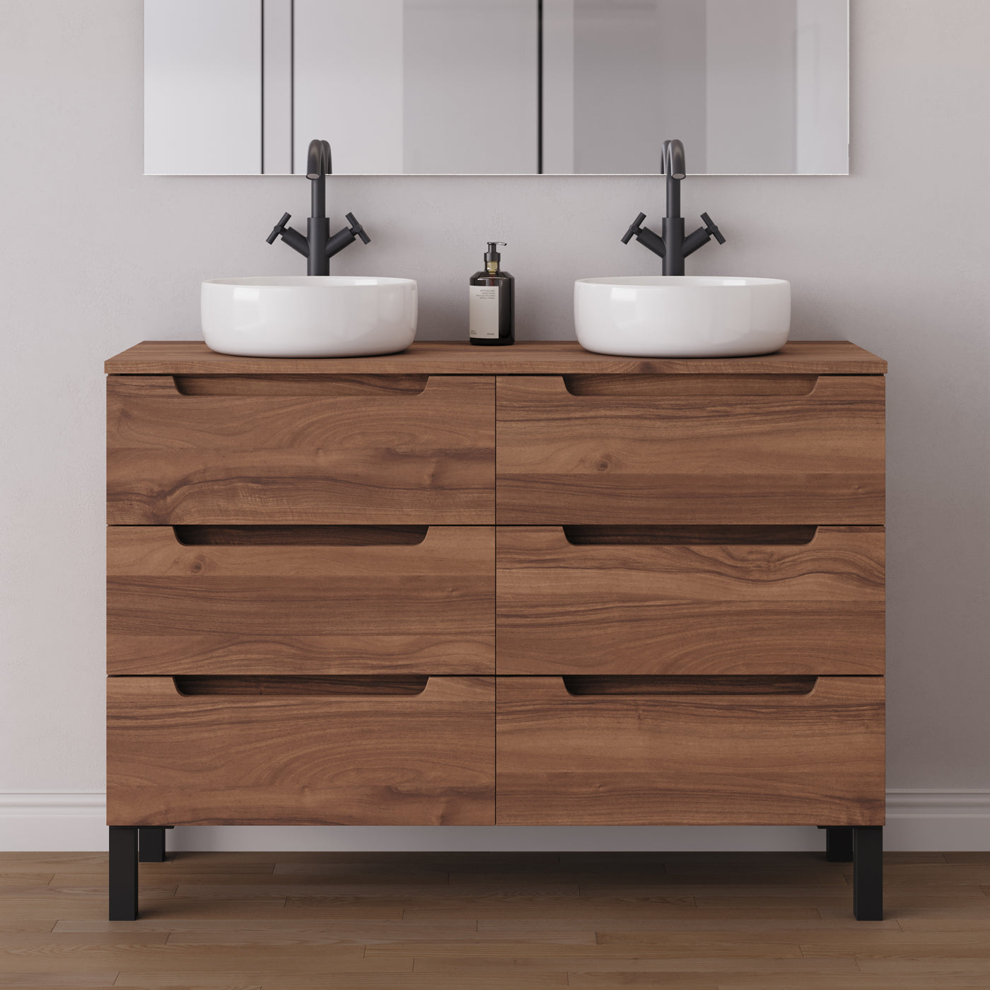 Meuble salle de bain RIZA 120cm 6 tiroirs noyer double vasque ares