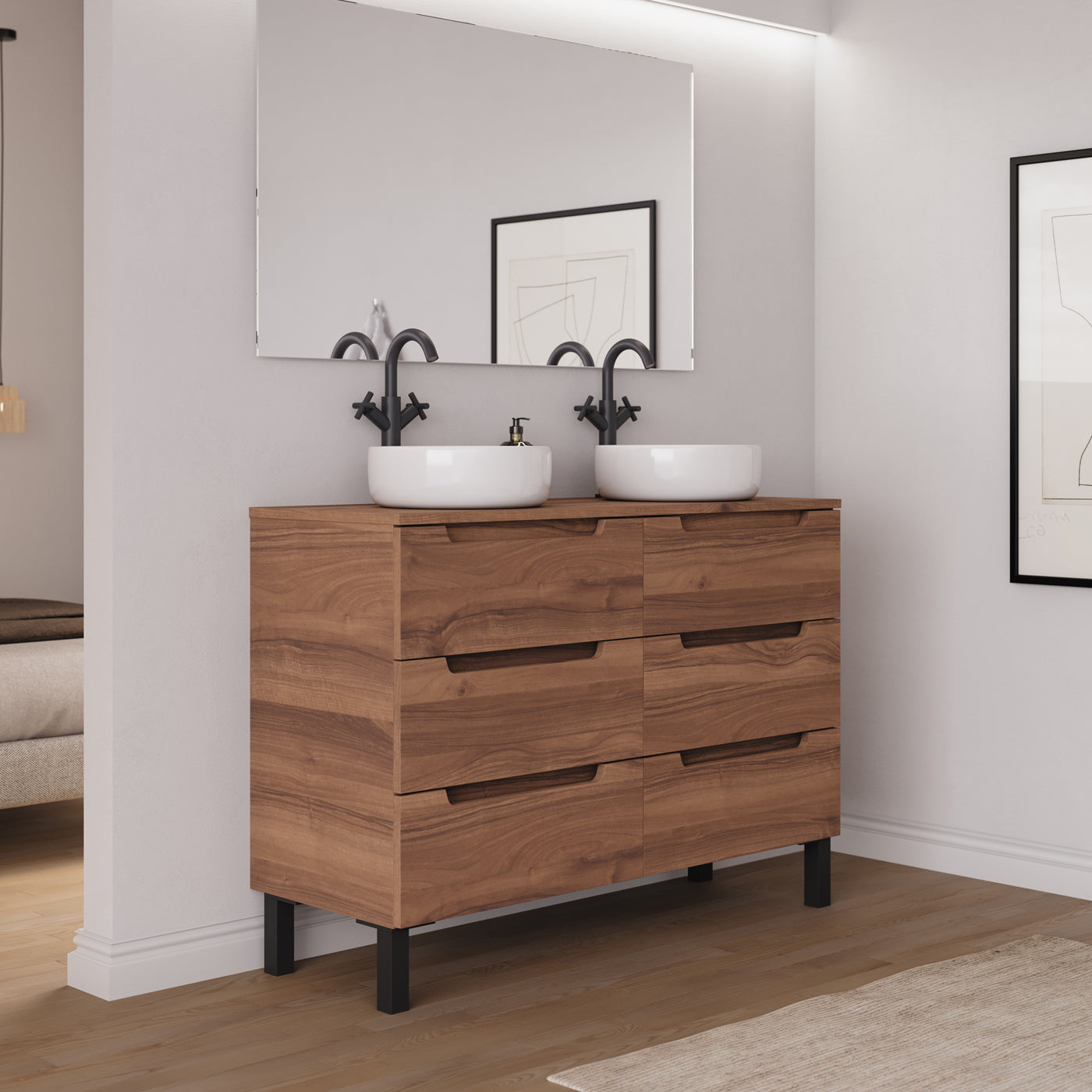 Ambiance Meuble salle de bain RIZA 120cm 6 tiroirs noyer double vasque ares vue côté