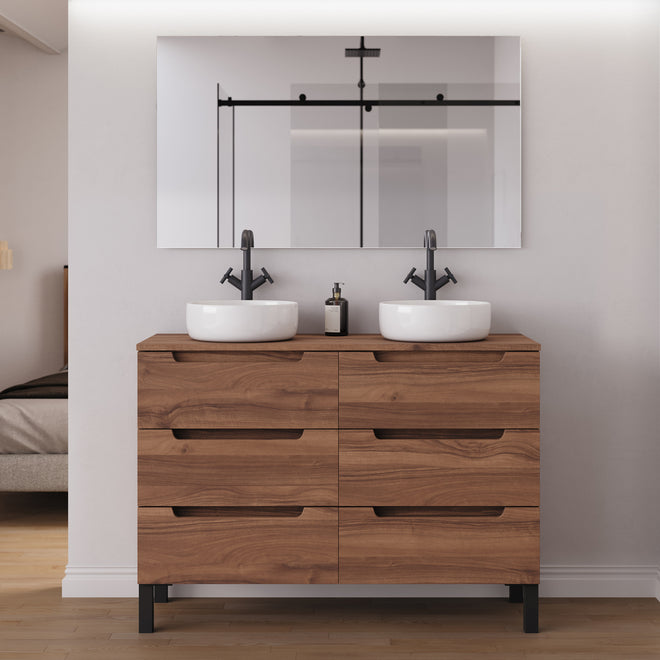 Meuble salle de bain RIZA 120cm 6 tiroirs noyer double vasque ares miroir