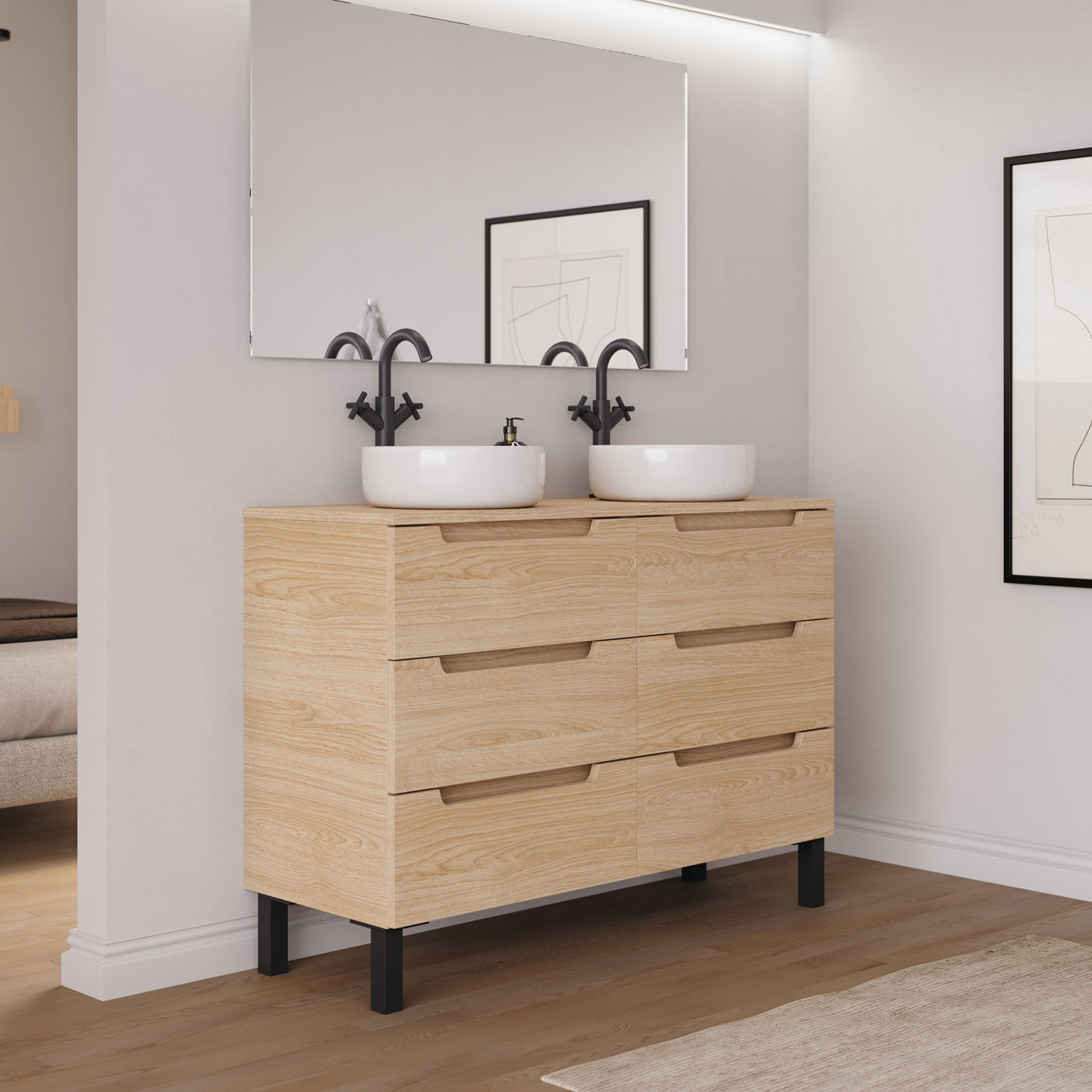 Ambiance Meuble salle de bain RIZA 120cm 6 tiroirs roble era double vasque ares vue côté