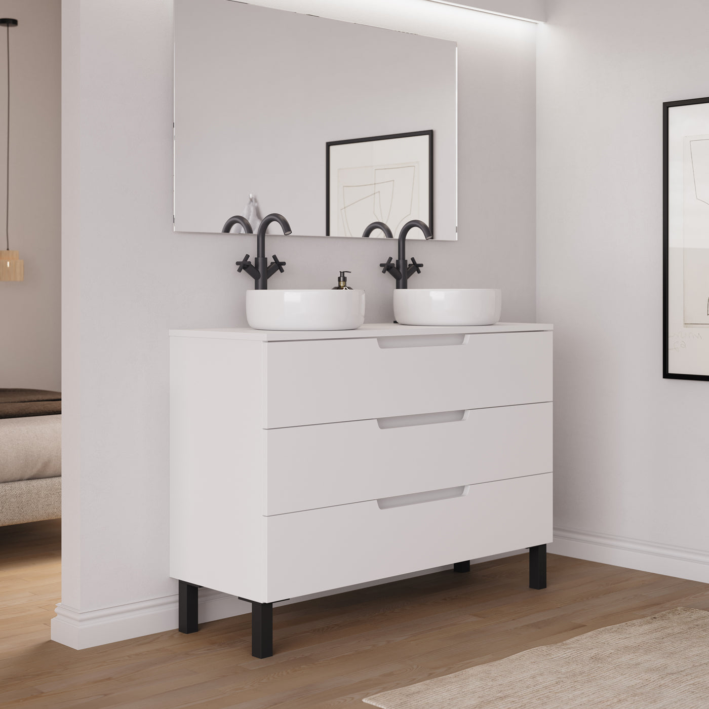 Ambiance Meuble salle de bain RIZA 120cm blanc double vasque ares vue côté