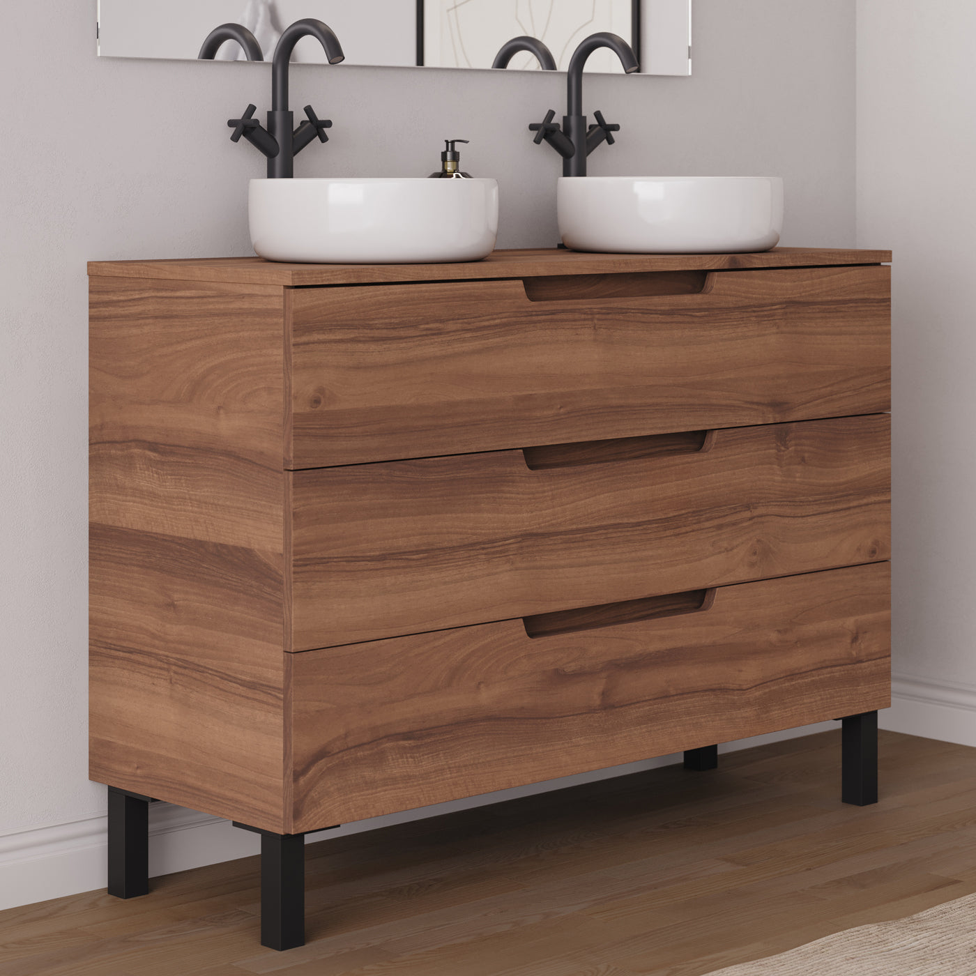 Meuble salle de bain RIZA 120cm noyer double vasque ares vue côté