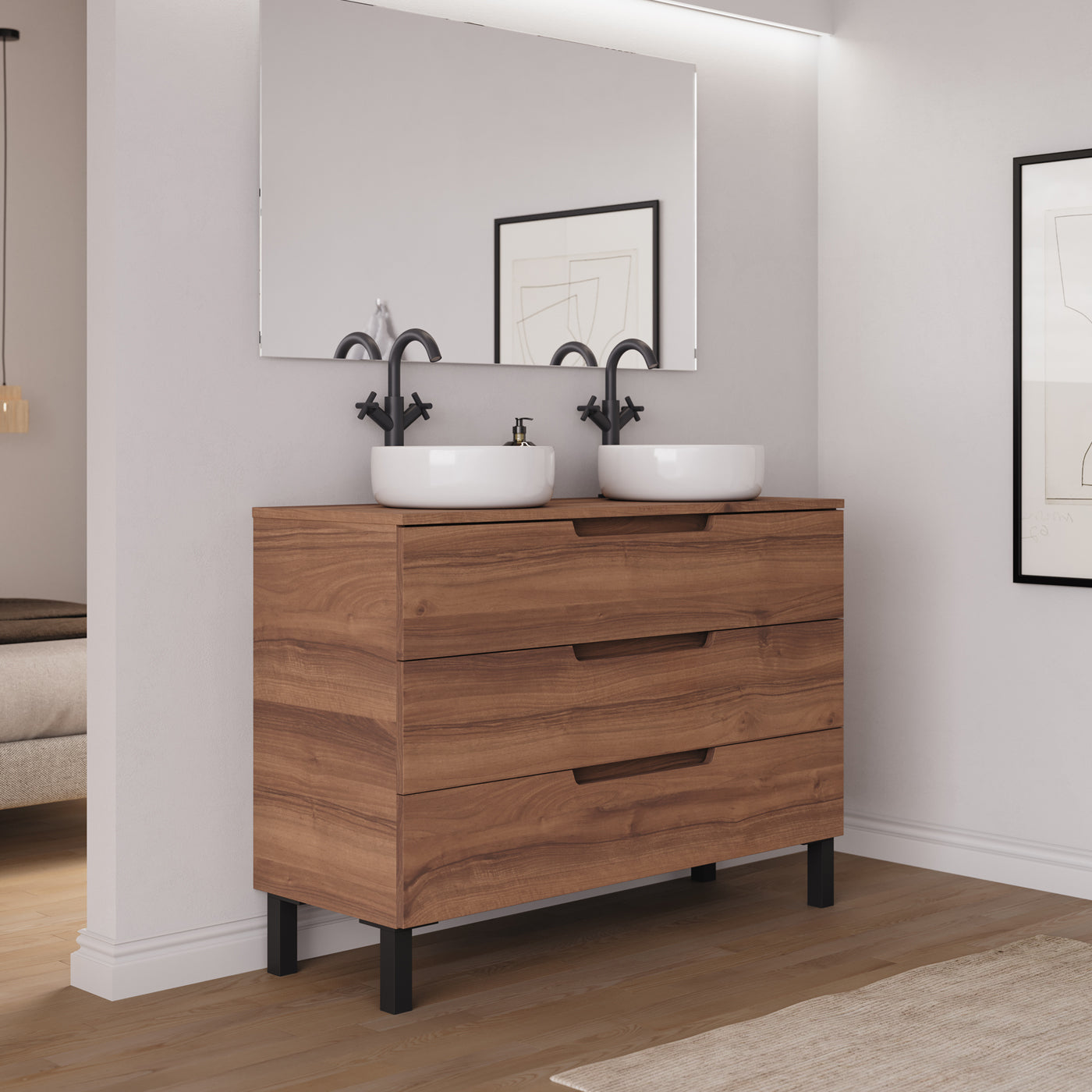 Ambiance Meuble salle de bain RIZA 120cm noyer double vasque ares vue côté