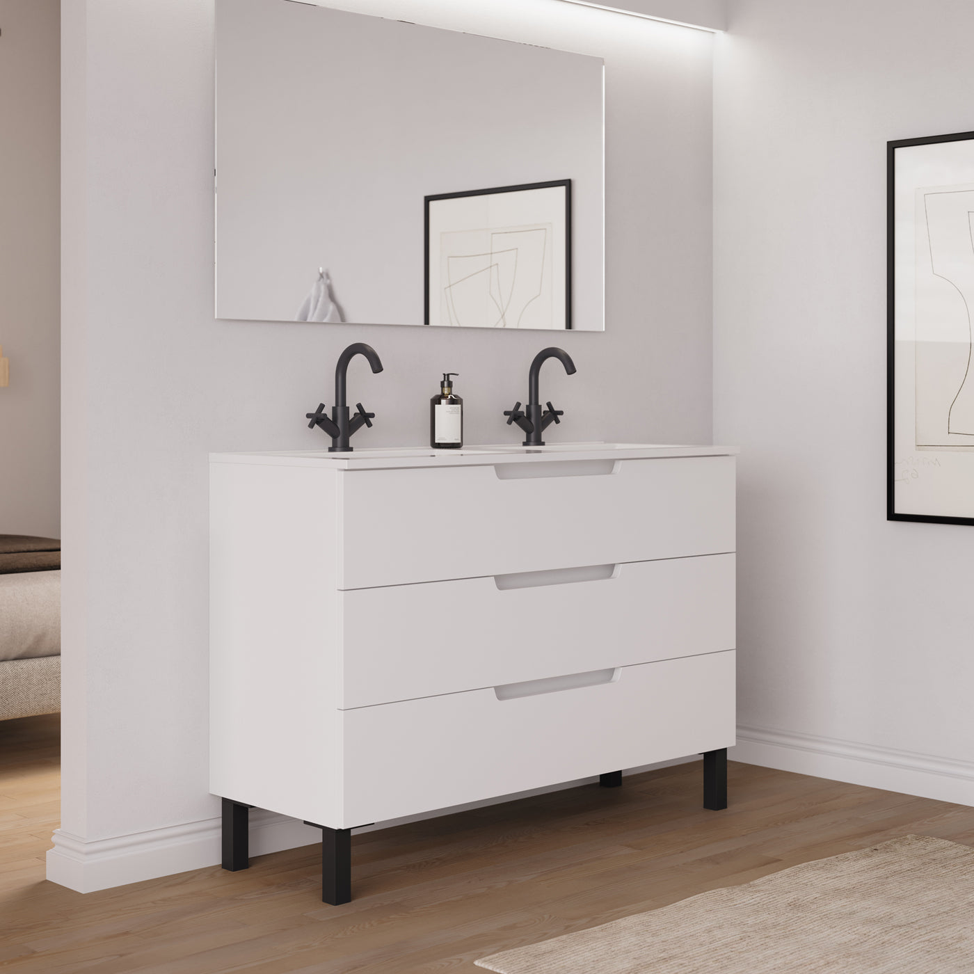 Ambiance Meuble salle de bain RIZA 120cm blanc double vasque vue profil