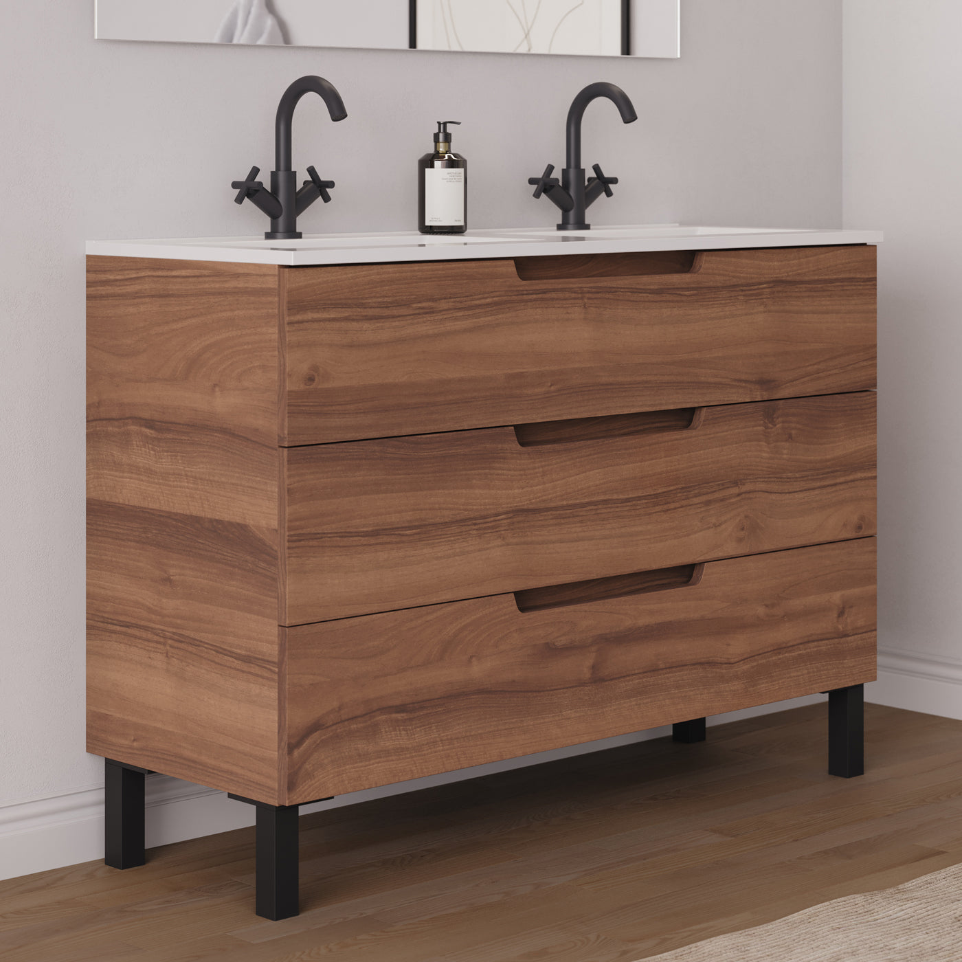 Meuble salle de bain RIZA 120cm  noyer double vasque vue profil