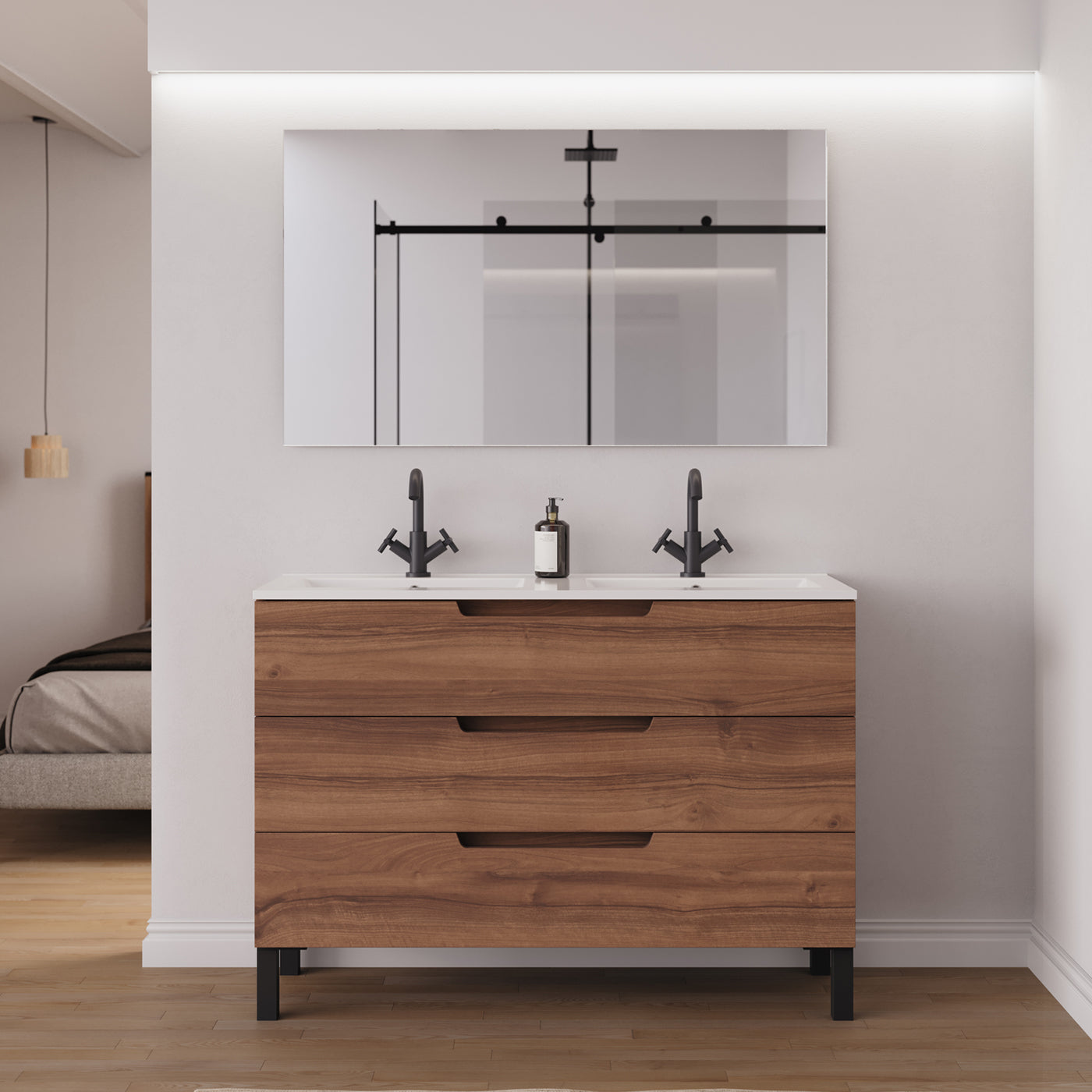 Meuble salle de bain RIZA 120cm noyer double vasque vue dessus