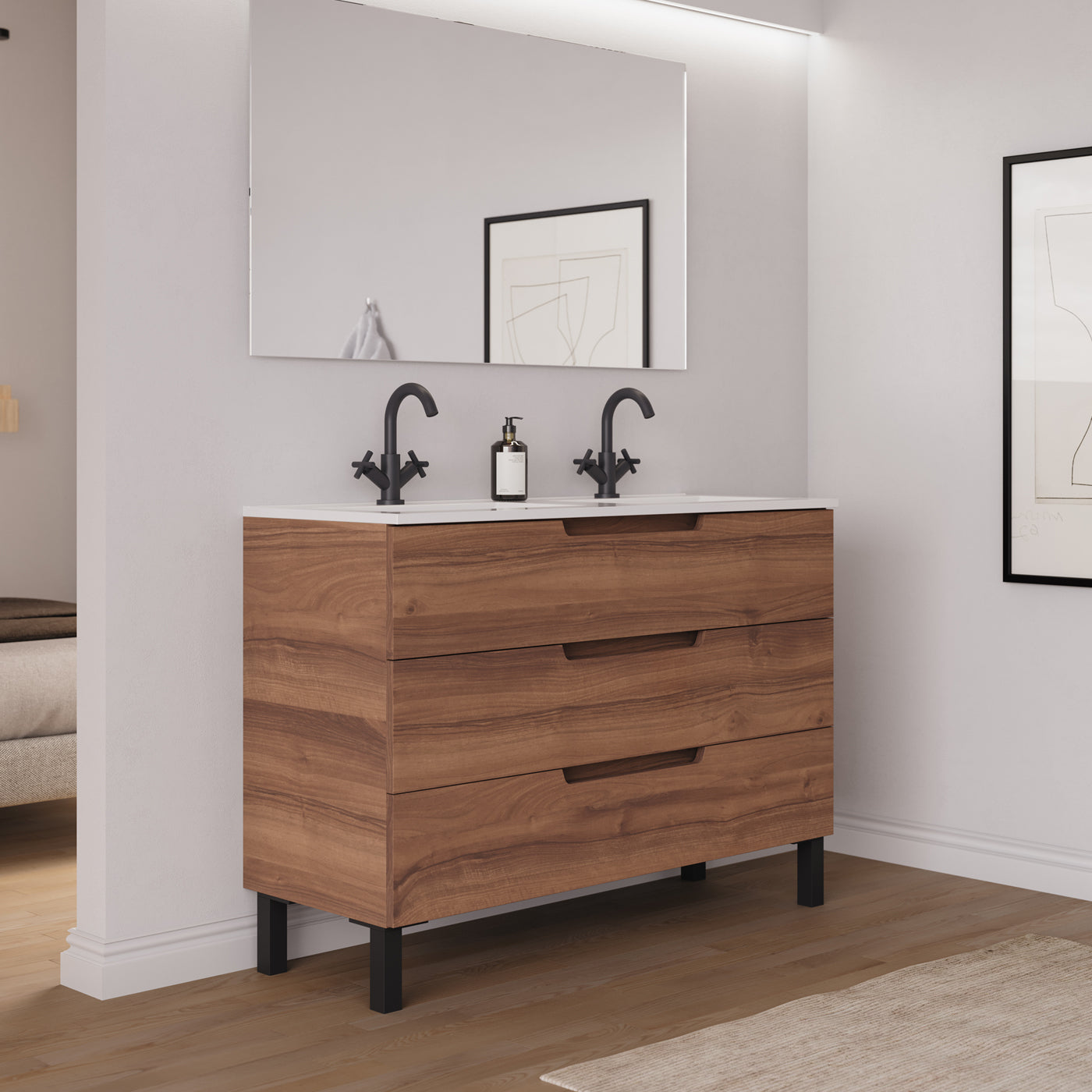 Ambiance Meuble salle de bain RIZA 120cm noyer double vasque vue profil