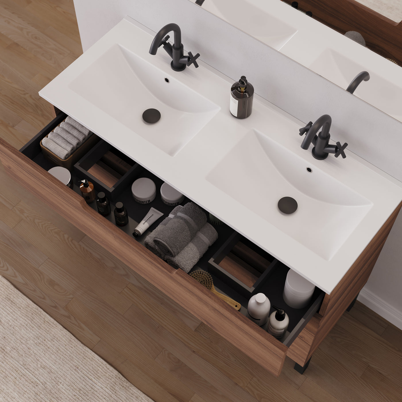 Meuble salle de bain RIZA 120cm  noyer double vasque vue dessus