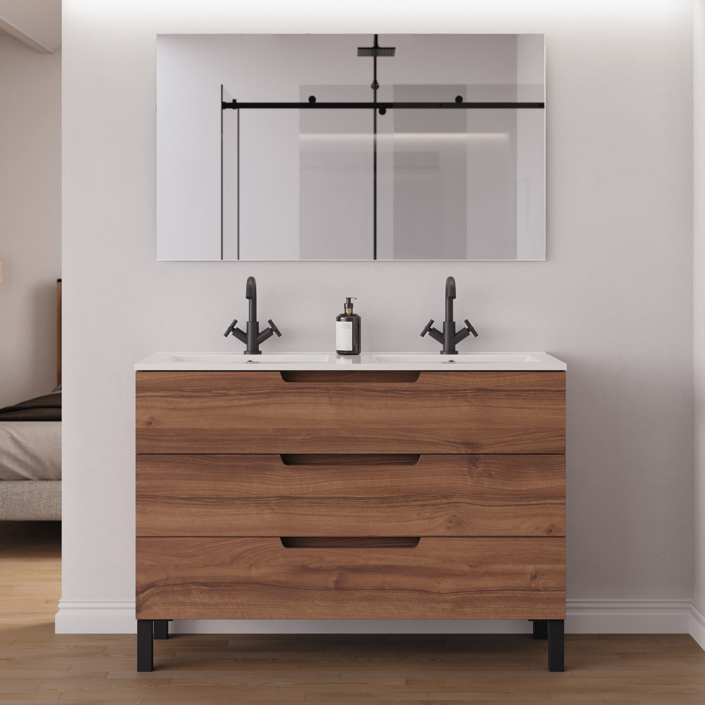 Meuble salle de bain RIZA 120cm noyer double vasque miroir