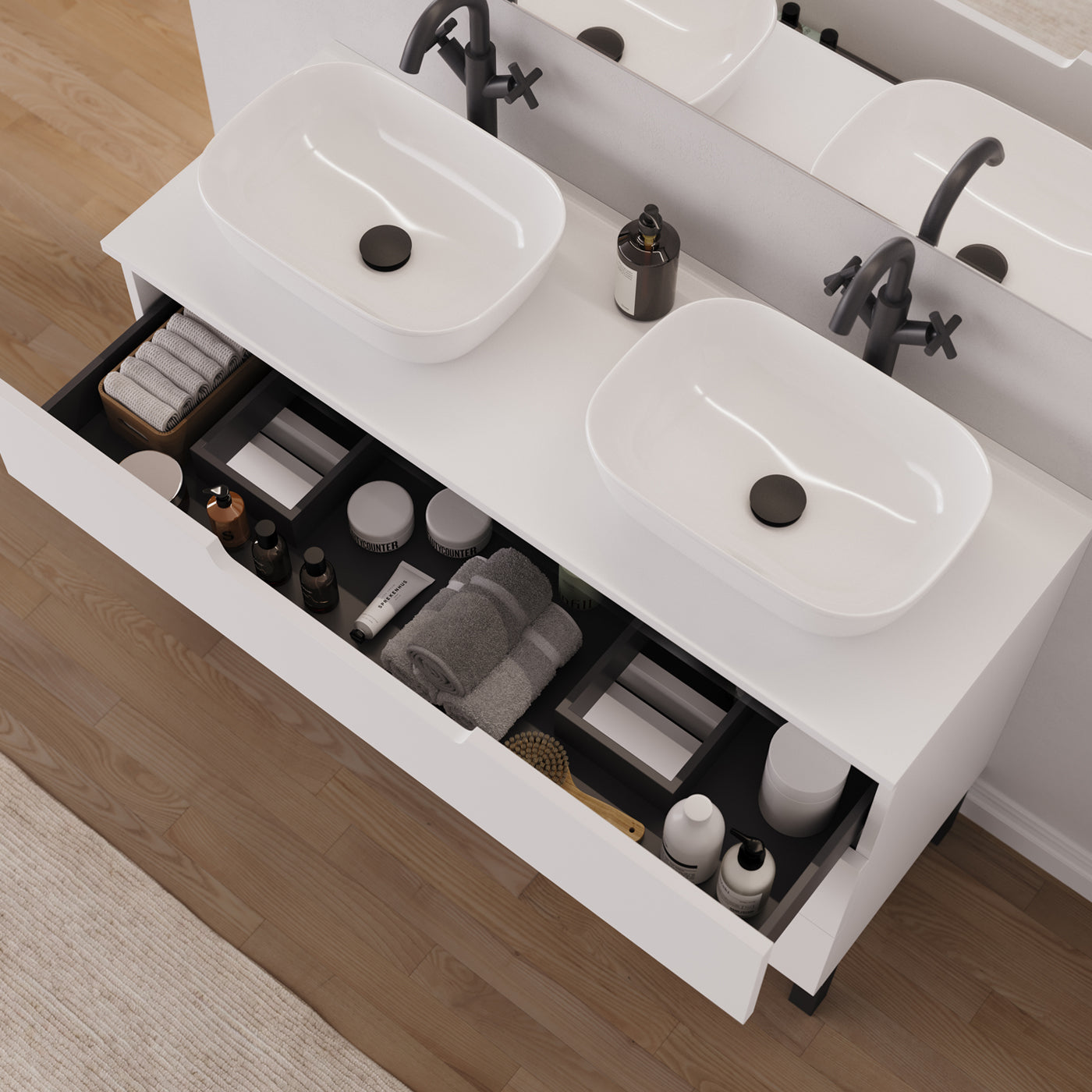 Meuble salle de bain RIZA 120cm blanc double vasque zeus vue dessus