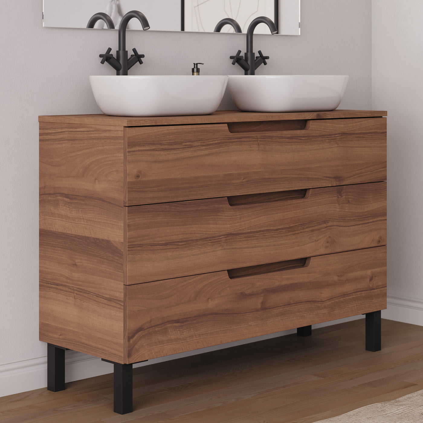 Meuble salle de bain RIZA 120cm noyer double vasque zeus vue côté