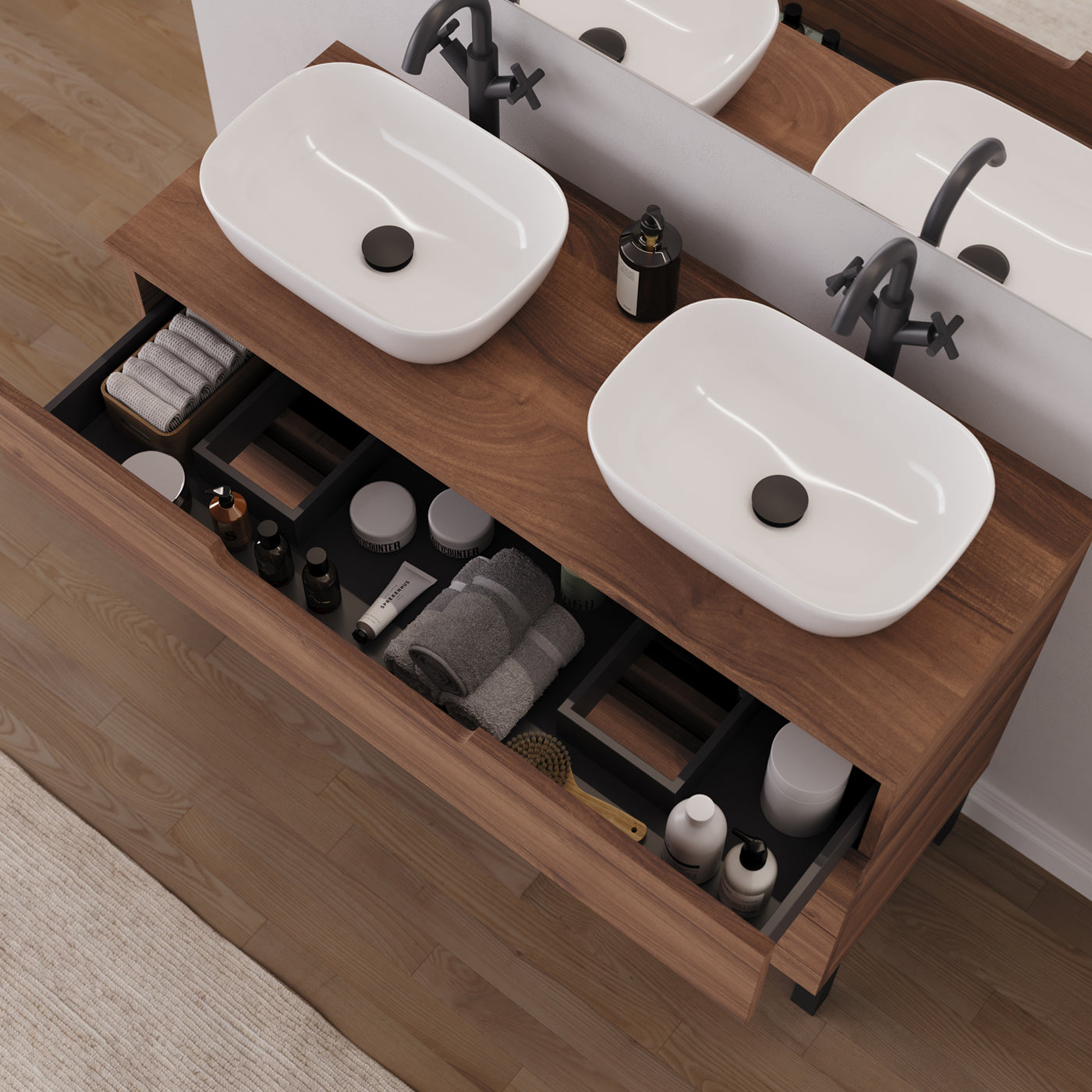 Meuble salle de bain RIZA 120cm noyer double vasque zeus vue dessus