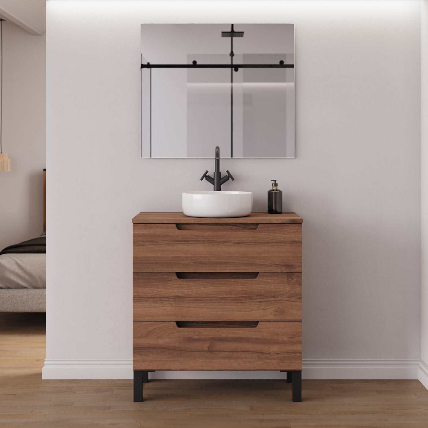 Meuble salle de bain RIZA 80cm noyer vasque ares miroir