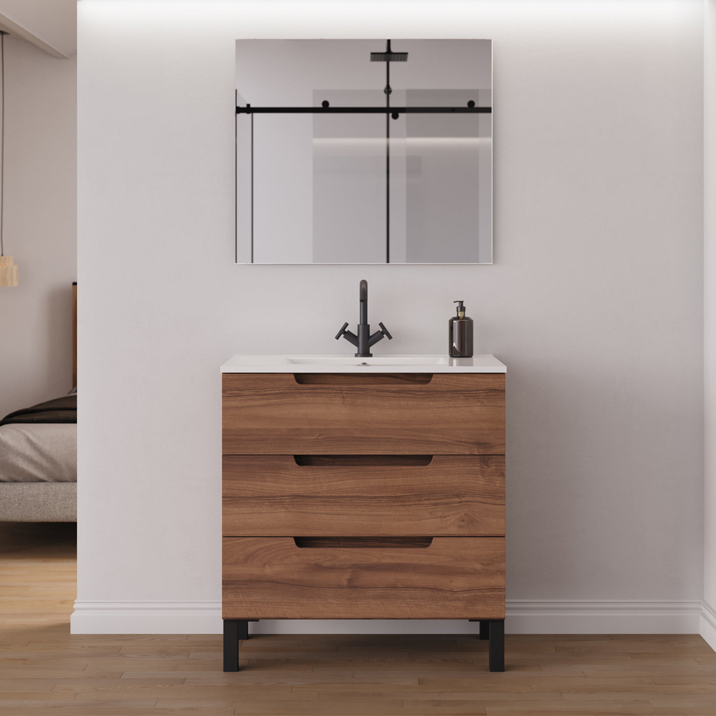 Meuble salle de bain RIZA 80cm nogal miroir