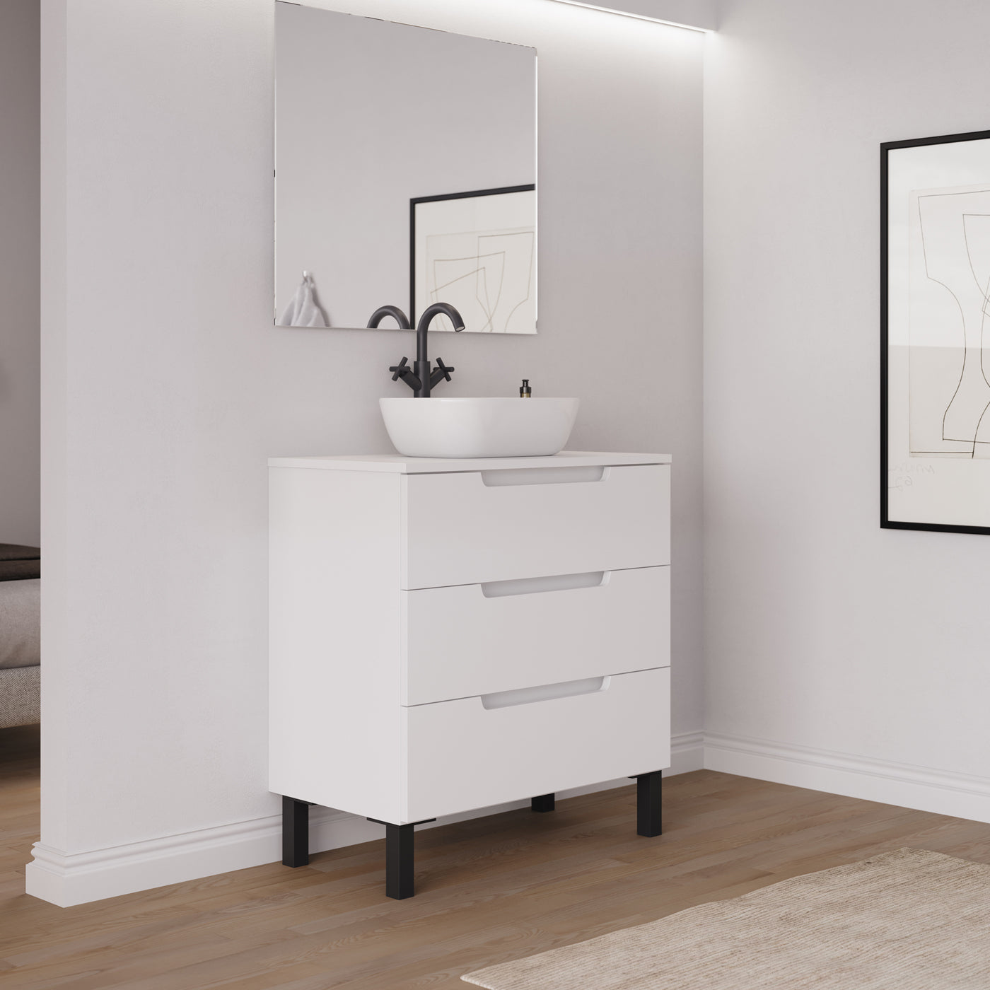 Ambiance meuble salle de bain RIZA 80cm blanc vasque zeus vue profil