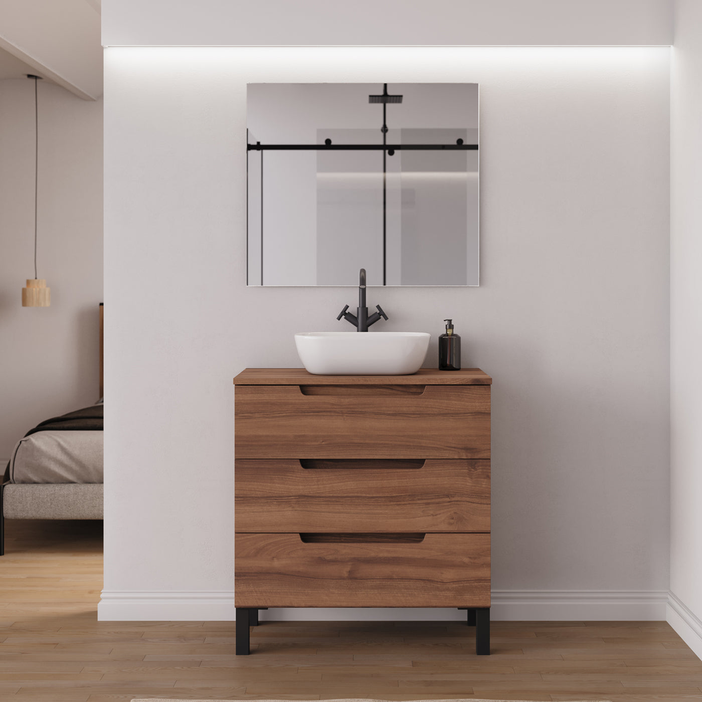 Meuble salle de bain RIZA 80cm noyer vasque zeus miroir