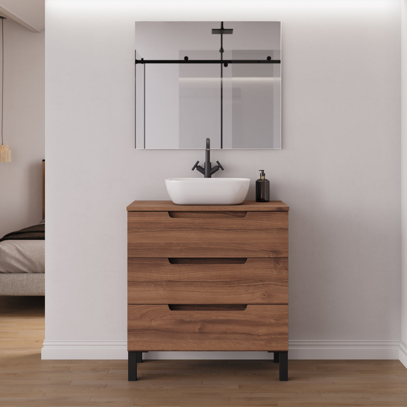 Meuble salle de bain RIZA 80cm noyer vasque zeus miroir